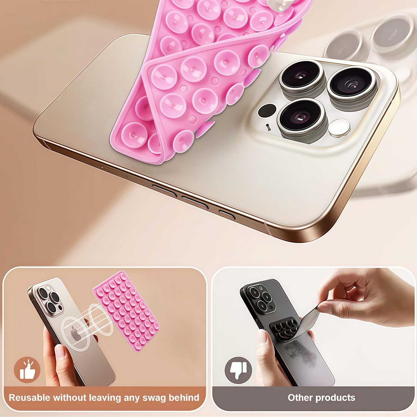 3-Pcs Double-Sided Suction Phone Mount, Sticky Phone Grip with Higher Suction Power,Hands-Free Phone Accessories Holder for Selfie and Video on iPhone