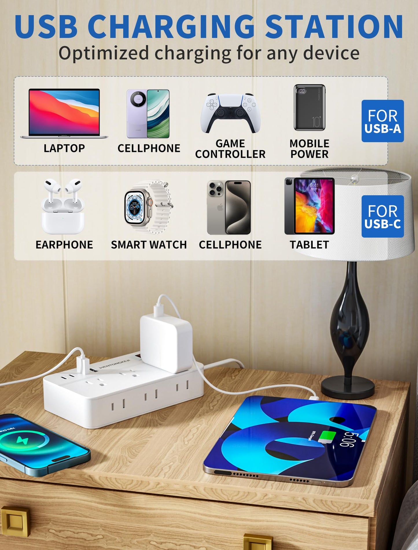 Surge Protector Power Strip - 5Ft Braided Extension Cord Flat Plug with 6 Outlets and 2 USB-A 2 USB-C Ports, 1080 Joules Wall Mounted Charging Station