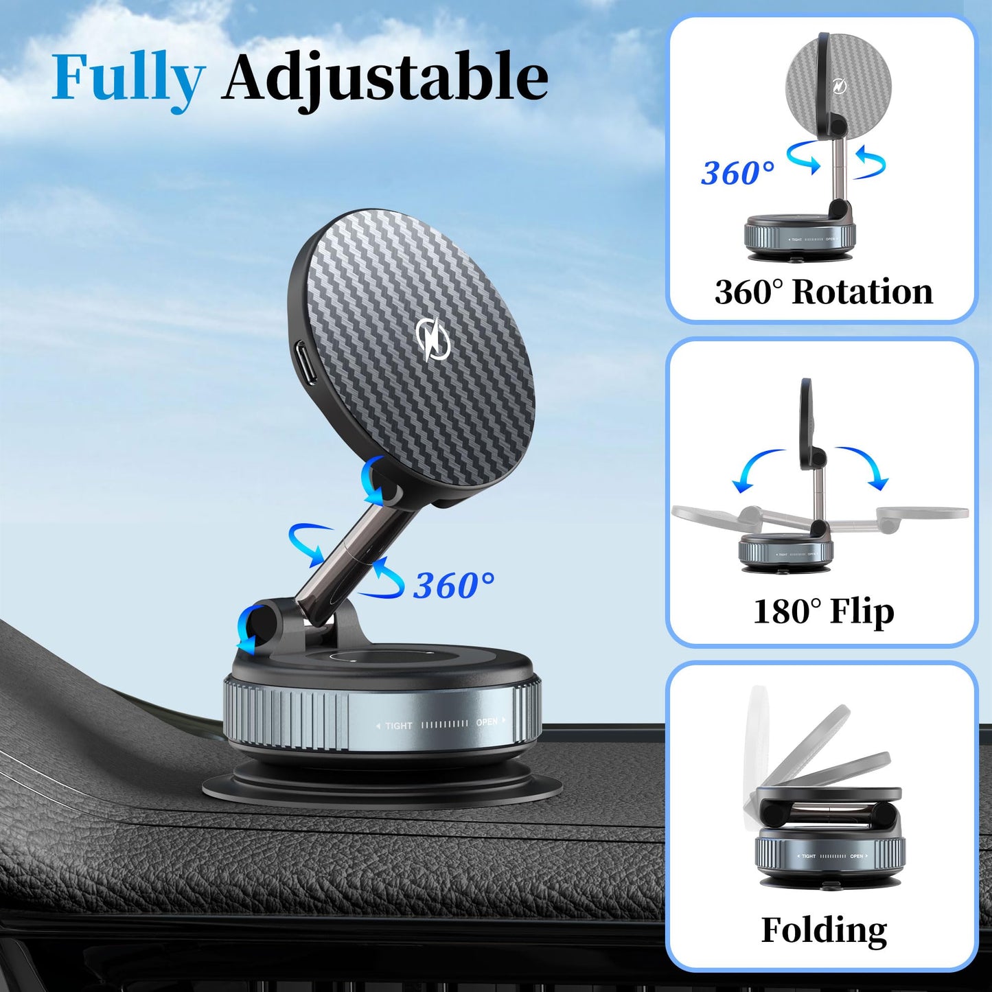 PlusAcc Vacuum Magnetic Phone Holder for Car, Suction Cup Phone Mount for MagSafe, 360°Rotatable Strong Magnet Stand for iPhone 16/15/14/13 in Smooth