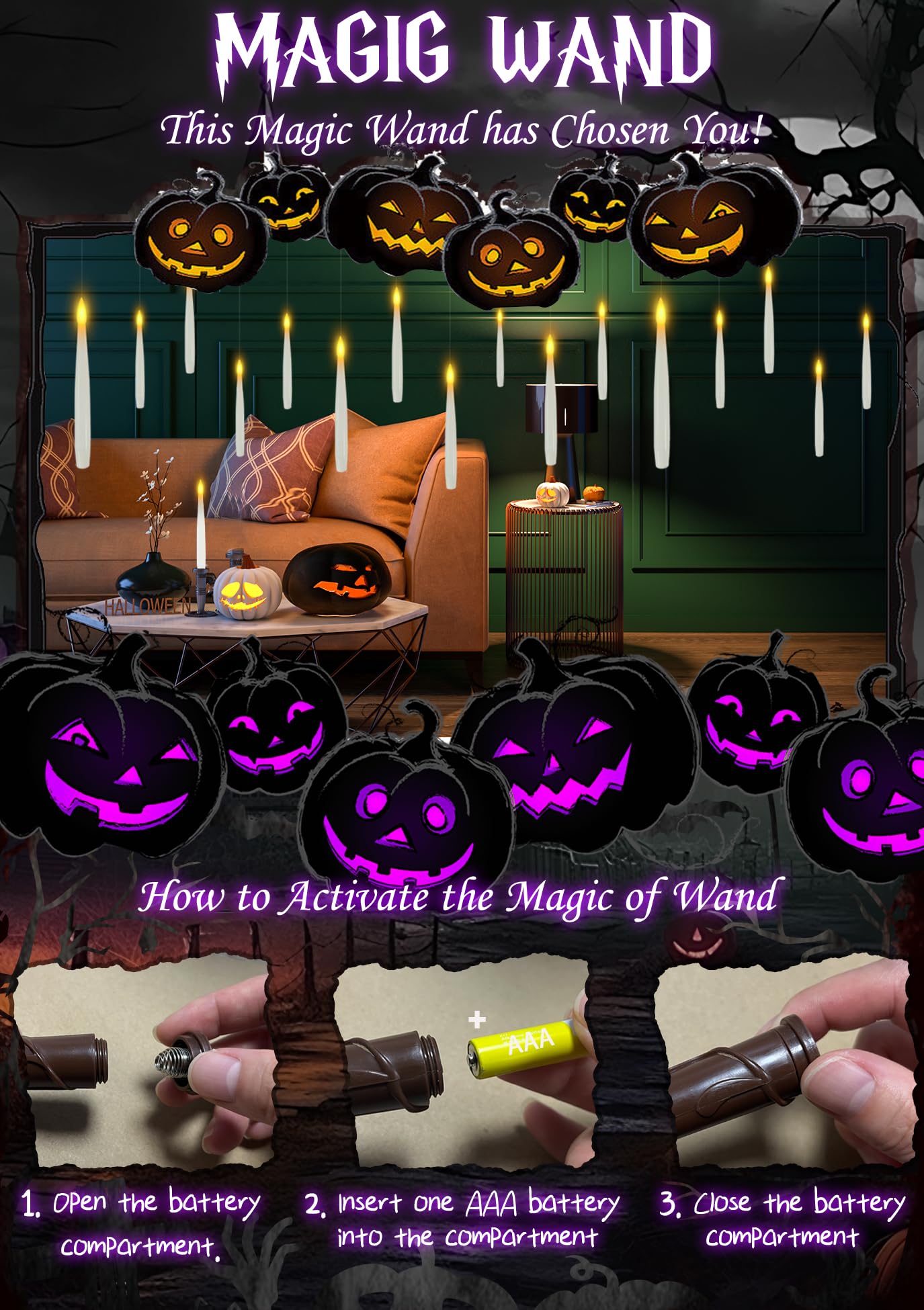 Dreacompy Halloween Decoration, Floating Candles with Wand, 10 PCs Flameless Magic Hanging Candles with 11 AAA Battery, Flickering Warm Light Floating