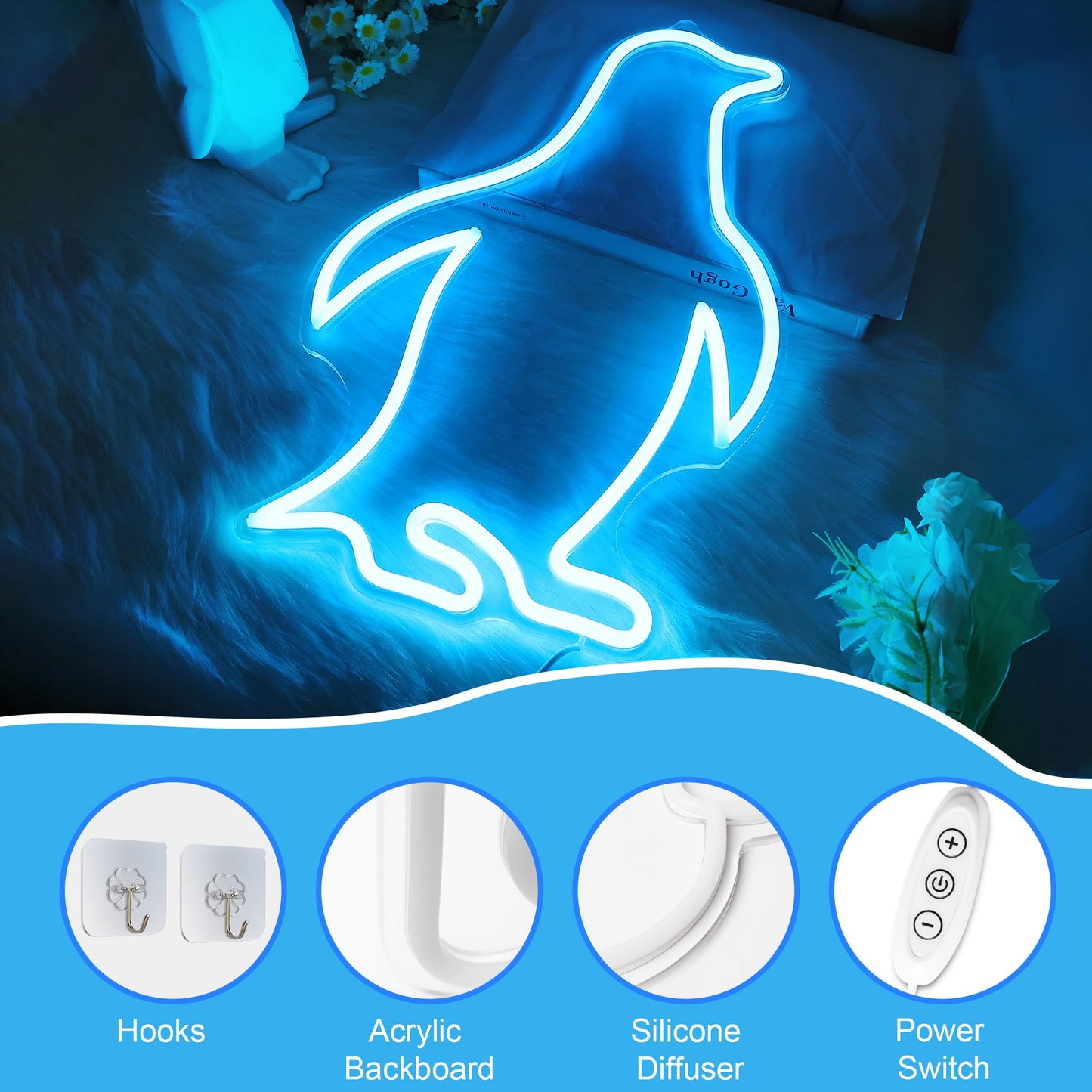 CoolGift Mart Penguin Neon Sign, Penguin Lamp Wall Decor, Dimmable Birthday Party Decorations for Home, Patio, Garden, Bars, Restaurants, Hotels