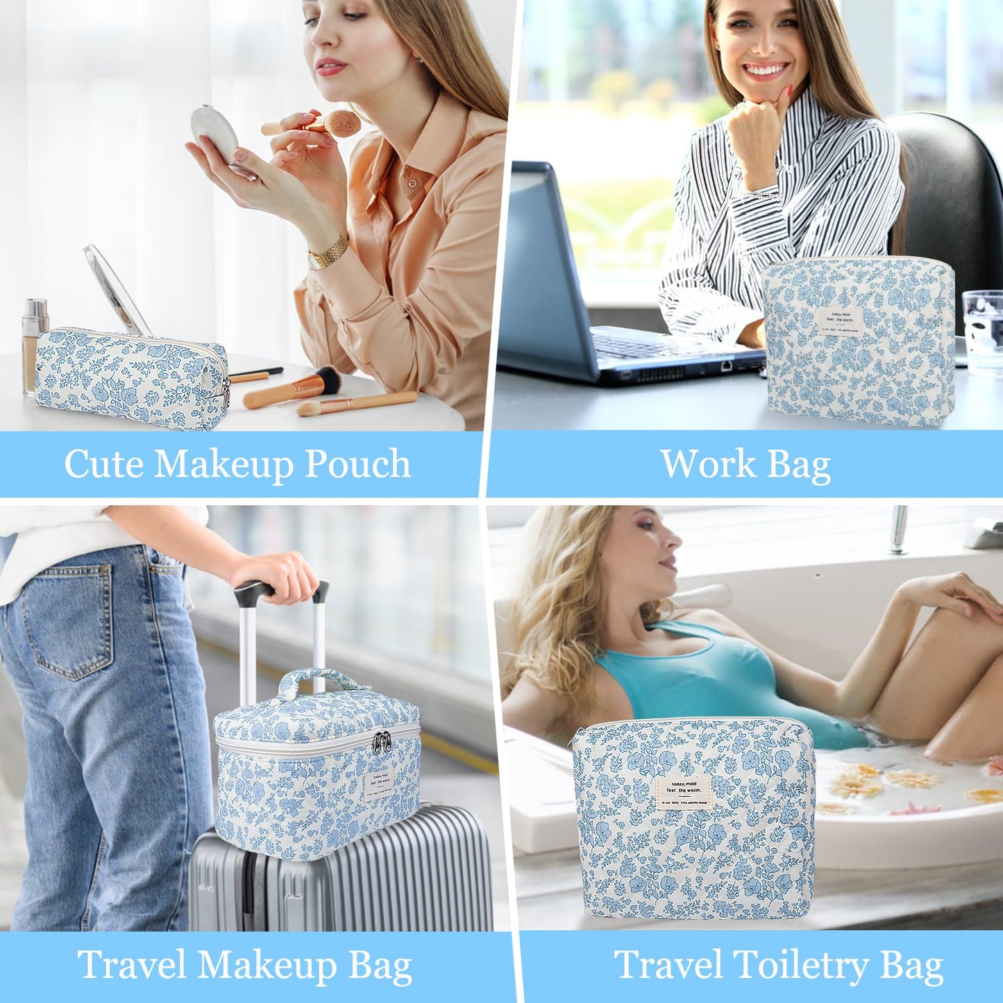 Large Quilted Makeup Bag – Big Floral Cosmetic Pouch for Women & Girls, Cute Cotton Travel Toiletry Organizer Bag Set with Flowers