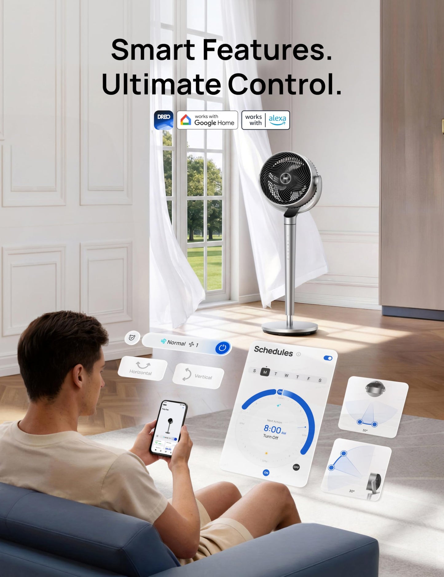 DREO Smart Fan for Bedroom, 110ft Pedestal Fan with DC Motor, 150°+120° Omni-Directional Oscillation, Quiet Floor Fan with Smart Control, 9 Speeds, 6