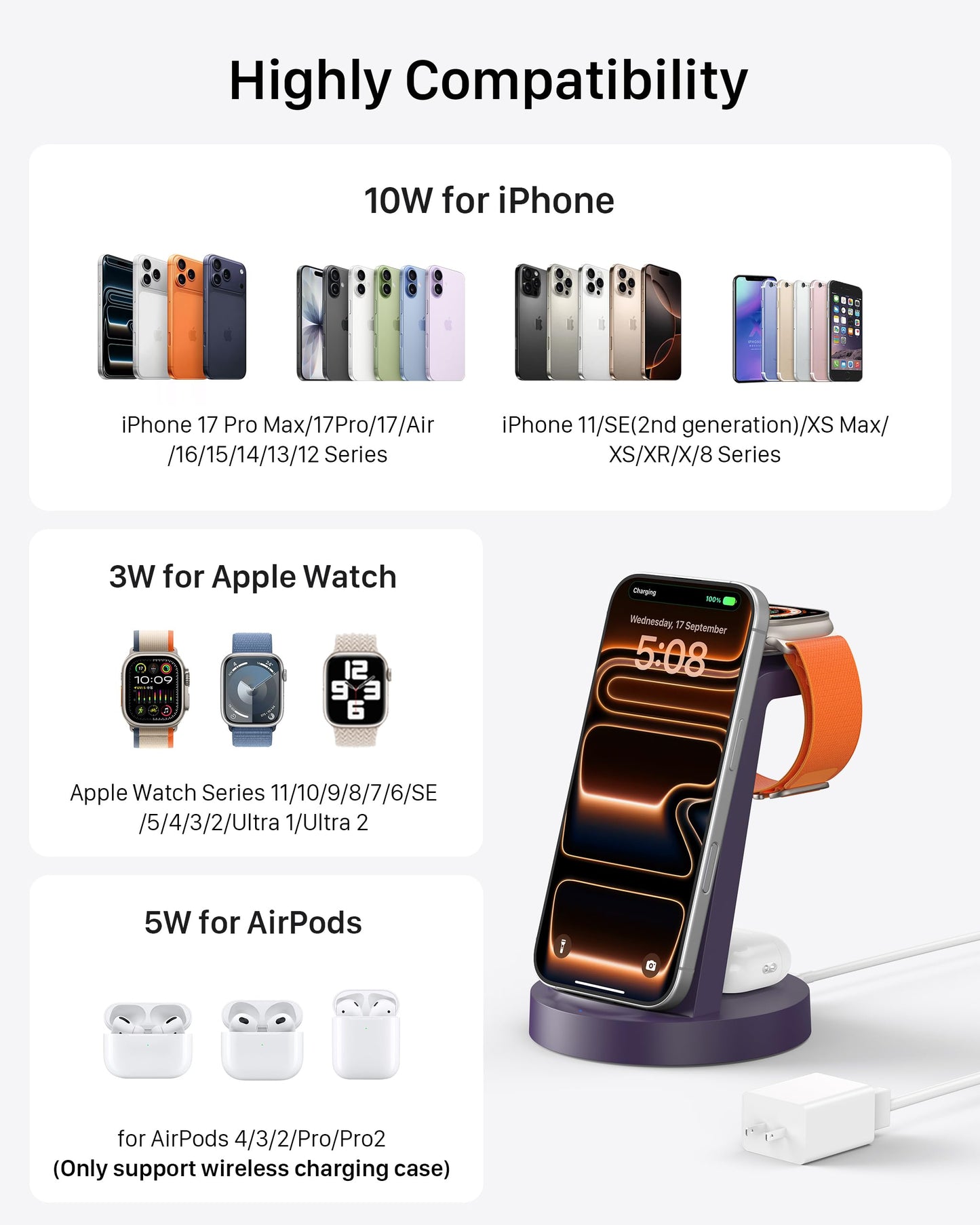Anlmz 3 in 1 Charging Station for iPhone - Wireless Charger for Apple Products Multiple Devices - Charging Dock Stand for AirPods (for iPhone 17 16e
