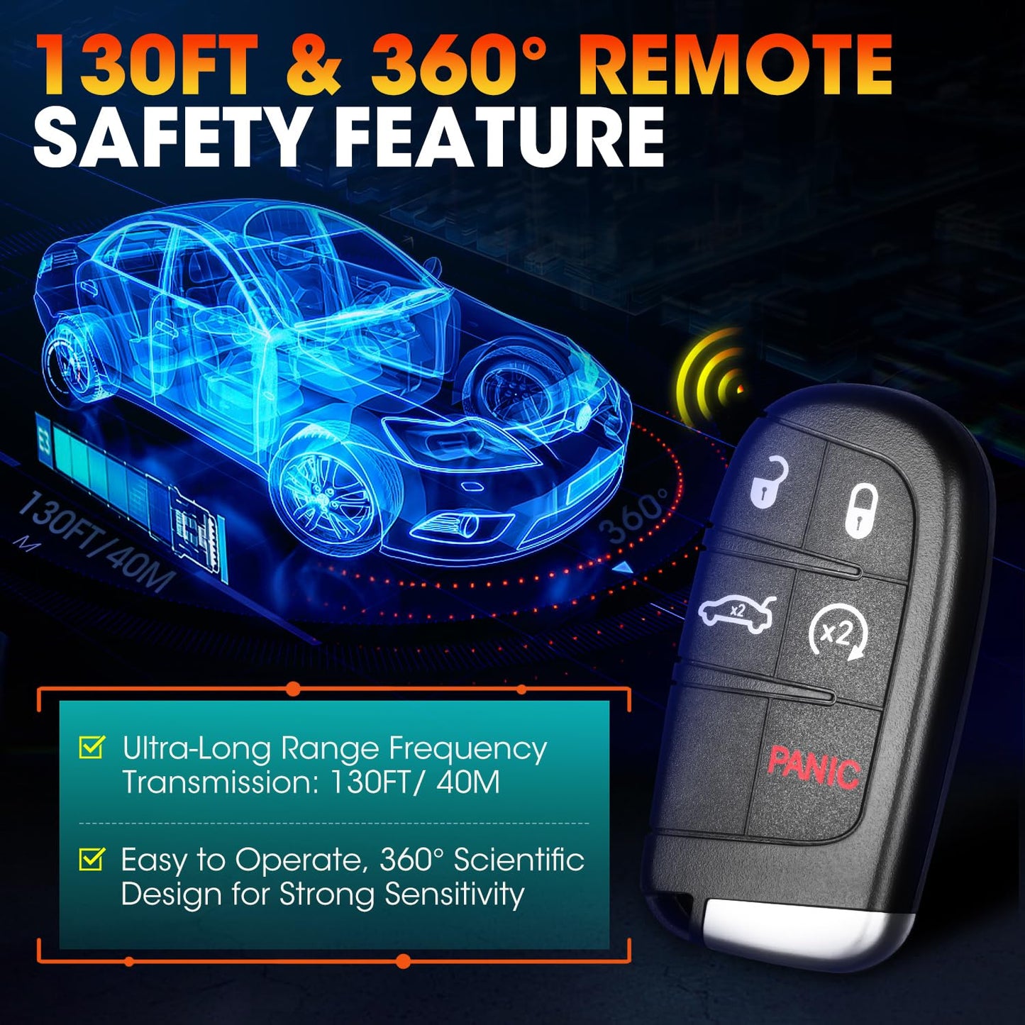 Autel MaxiIM IKEY Programmable Blank Key for Chrysler Dodge, 2026 IKEYCL005AL 5 Buttons Key Fob Replacement, 130FT/ 40M Smart Keyless Entry Remote