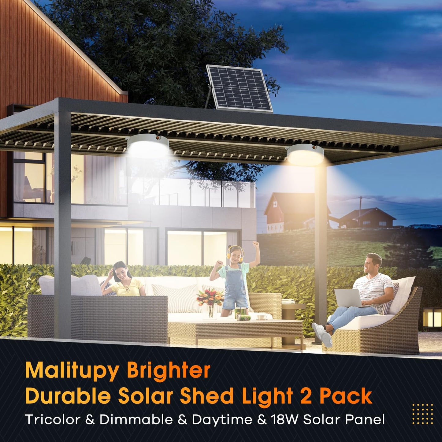 Malitupy Solar Shed Lights Indoor Outdoor 2 Pack, Brighter & Tricolor & Daytime Ceiling Light with ON/Off Switch & Remote, Dimmable Waterproof Solar