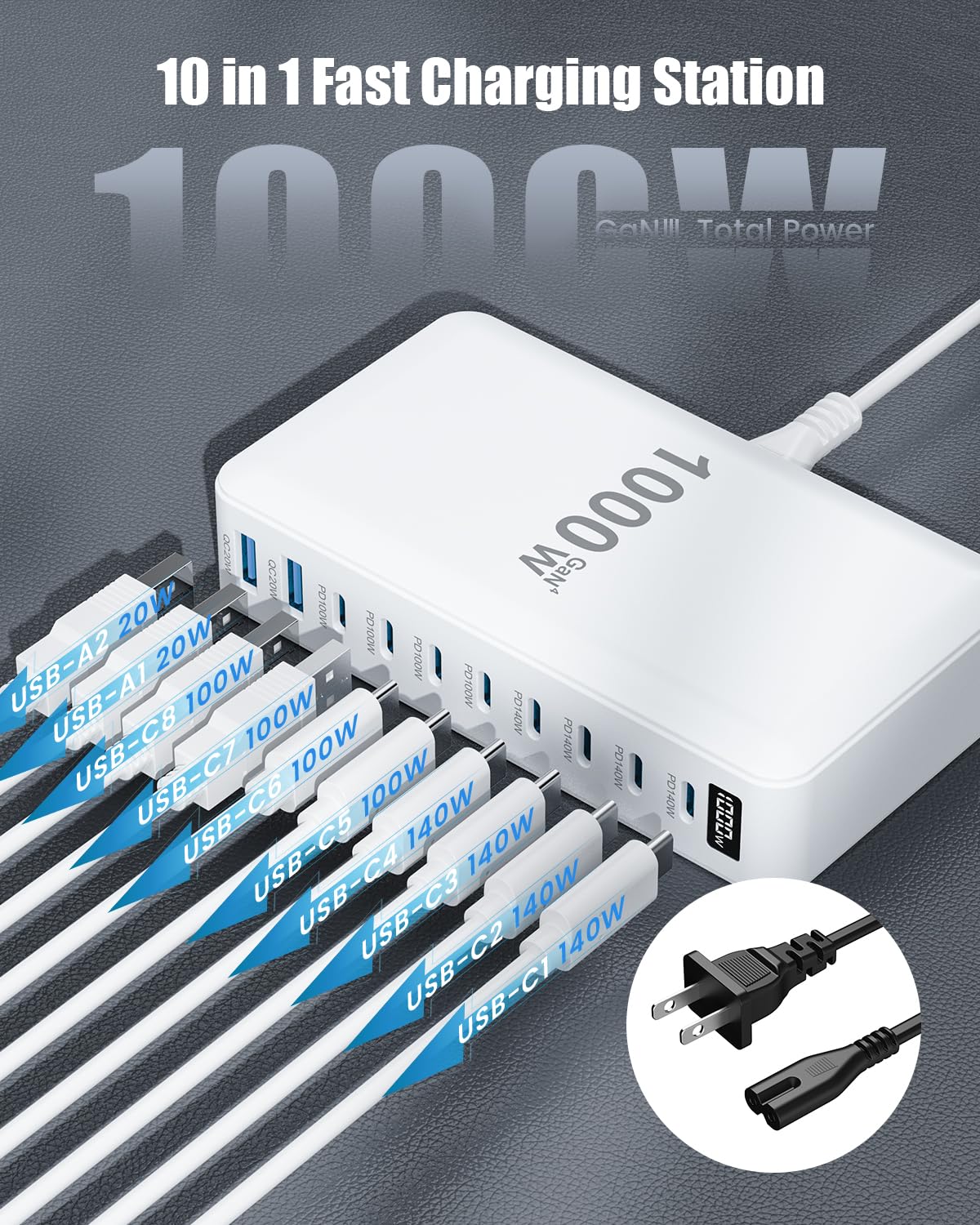 USB C Charger 1000W USB C Charger Block,Upgraded GaN IV 10-Port Charging Station Hub,Travel Essentials 140W Fast Charging Laptop Adapter for MacBook