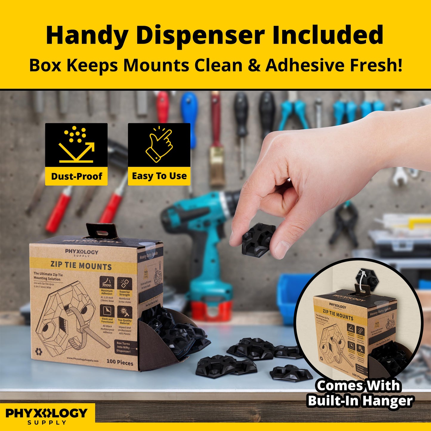 Rugged, Stylish Adhesive XL Zip Tie Mounts 100 Pack. Premium 1.5in Sticky Back Ziptie, Cord, and Cable Management Anchor Clips. Easy Peel and Stick