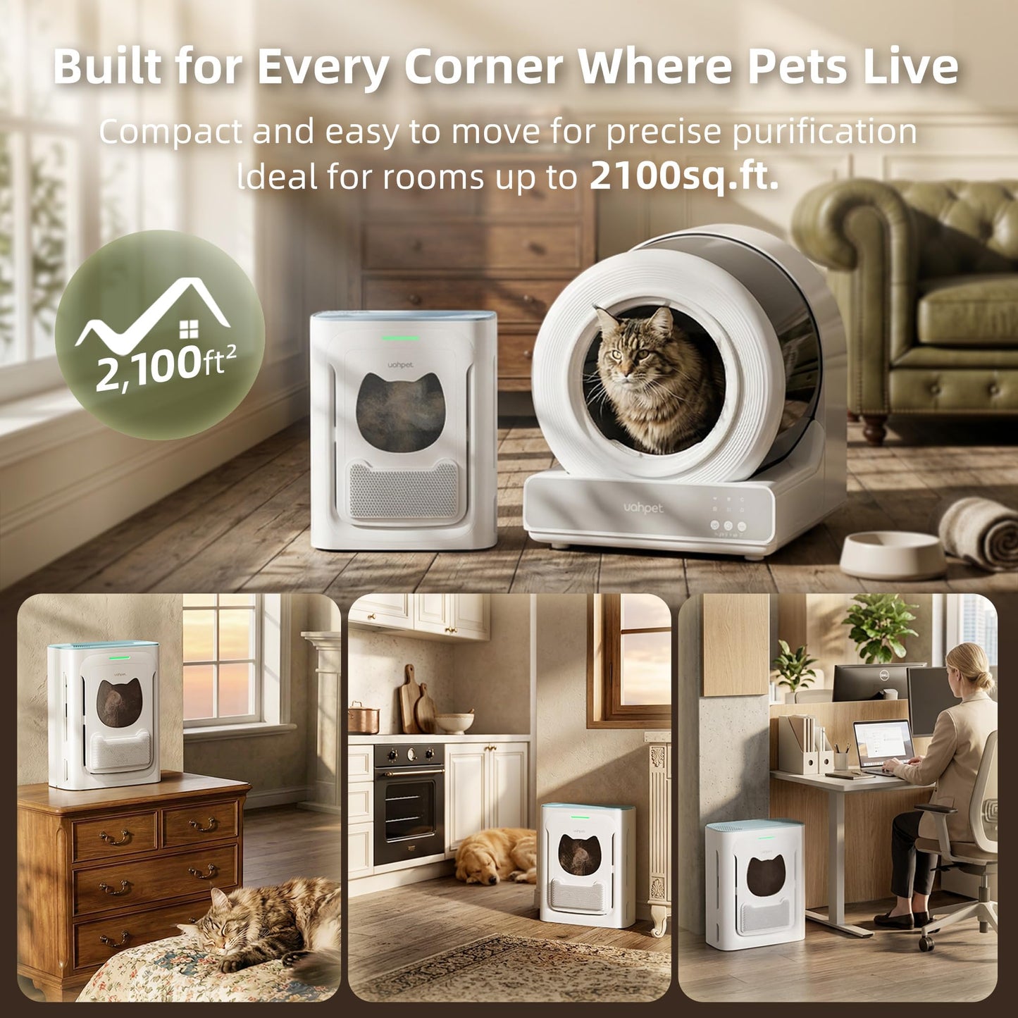 uahpet Pet Air Purifier, H13 HEPA Filter for Pet Hair, Dander & Odors, 2100 Sq Ft Coverage, Plug & Play No WiFi Required, Clog-Resistant Intake
