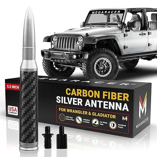 Anodized Silver Carbon Fiber 50 Cal Bullet Antenna for Jeep Wrangler JK JL & Gladiator JT (2007-2024), Rubicon Sahara Willys Mojave 4xe Accessories