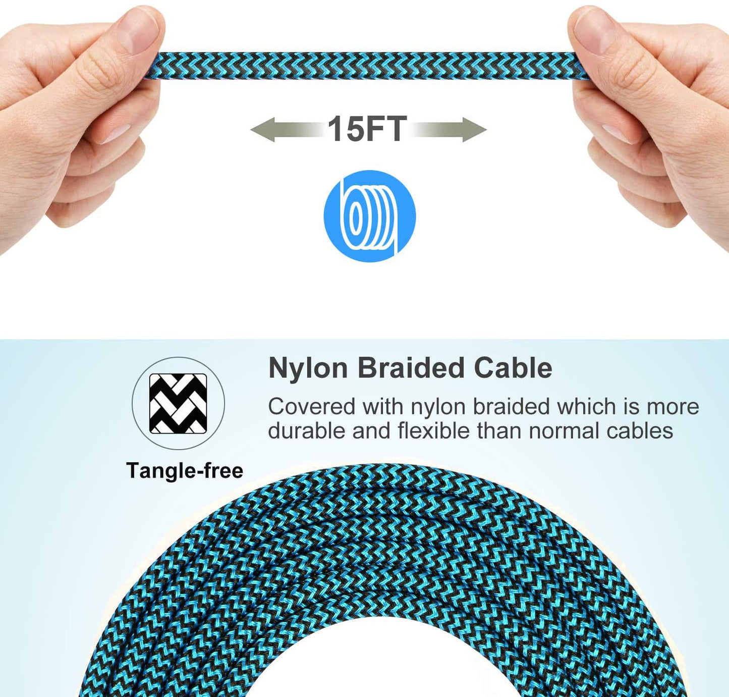 Micro USB Cable 15ft with 3A Fast Charging, Extra Long and Extremely Durable Nylon Braided Charger Cord for Galaxy S7/S6/J8/J7 Note