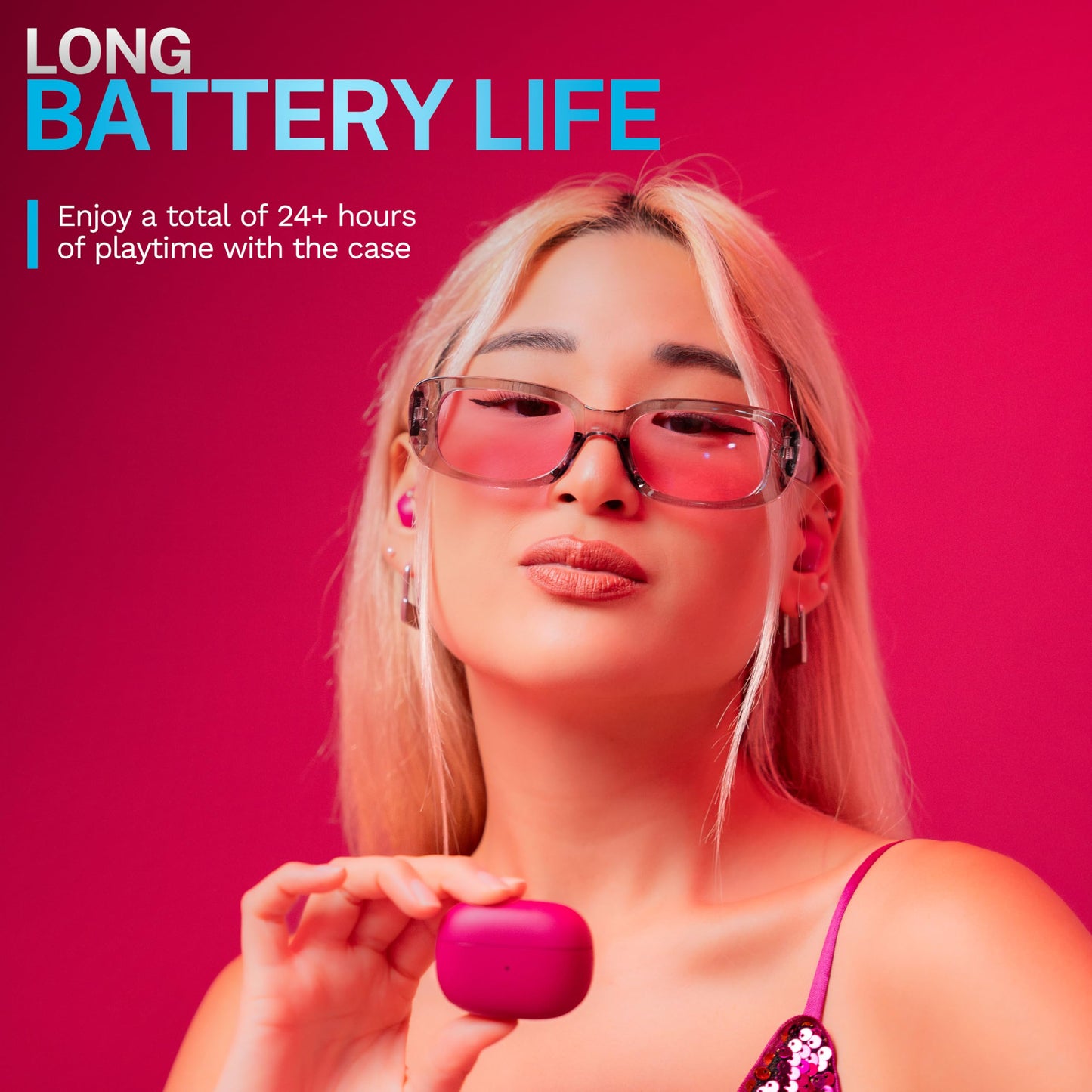 JLab Go Pop ANC True Wireless Earbuds & Charging Case, Fuchsia, Active Noise Cancelling, 10mm Drivers, Dual Connect, Customize Your Sound with App, Be