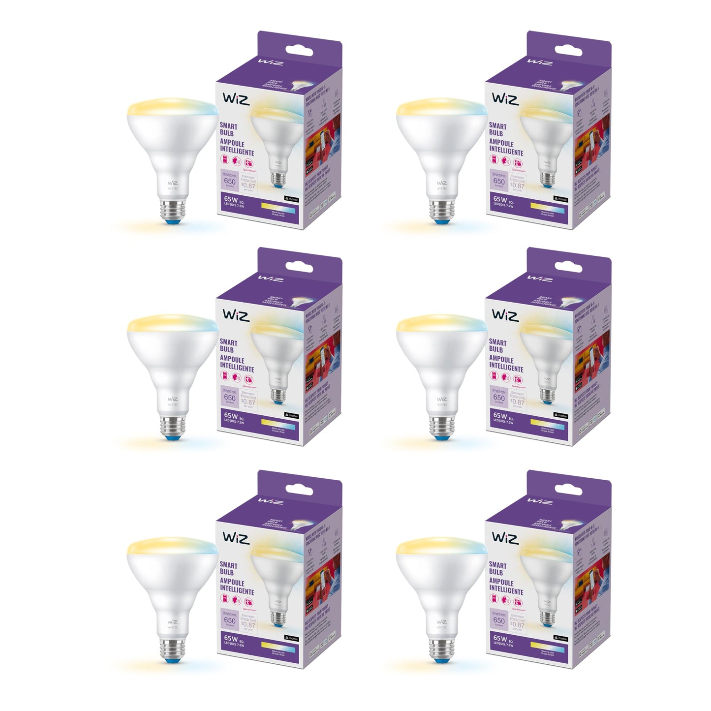 WiZ 65W BR30 Tunable White LED Smart Bulb - Pack of 6 - E26- Indoor - Connects to Your Existing Wi-Fi - Control with Voice or App + Activate