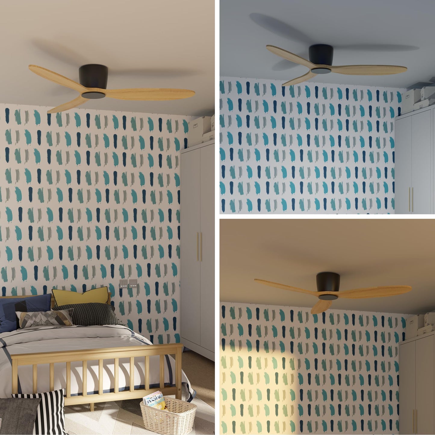 OUATER 52 Inch Natural Wood Ceiling Fan No Lights, Flush Mount