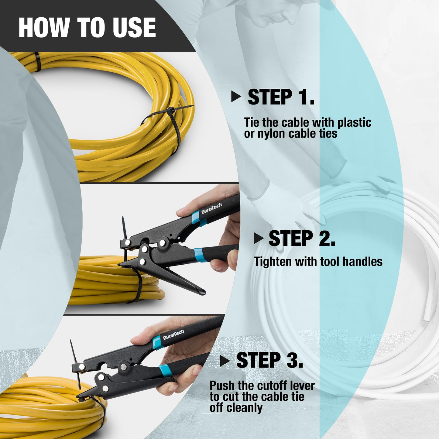 DURATECH 8-inch Zip Tie Tool, Ergonomic Cable Tie Gun for Fastening and Cutting Plastic or Nylon, Tensioning and Cutting Tool for Cable Management
