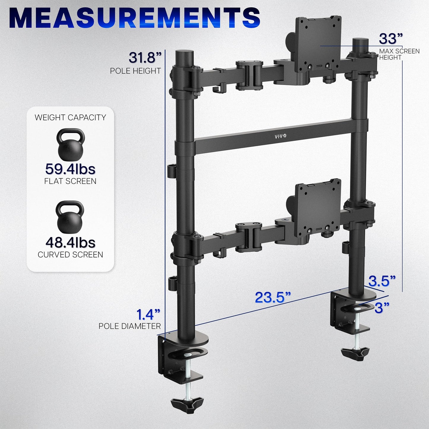VIVO Clamp-on Double Pole Ultra Wide Monitor Desk Mount for 2 Utrawides up to 57 inches, 59.4 lbs Capacity Each, Low Profile Heavy Duty Vertical Dual