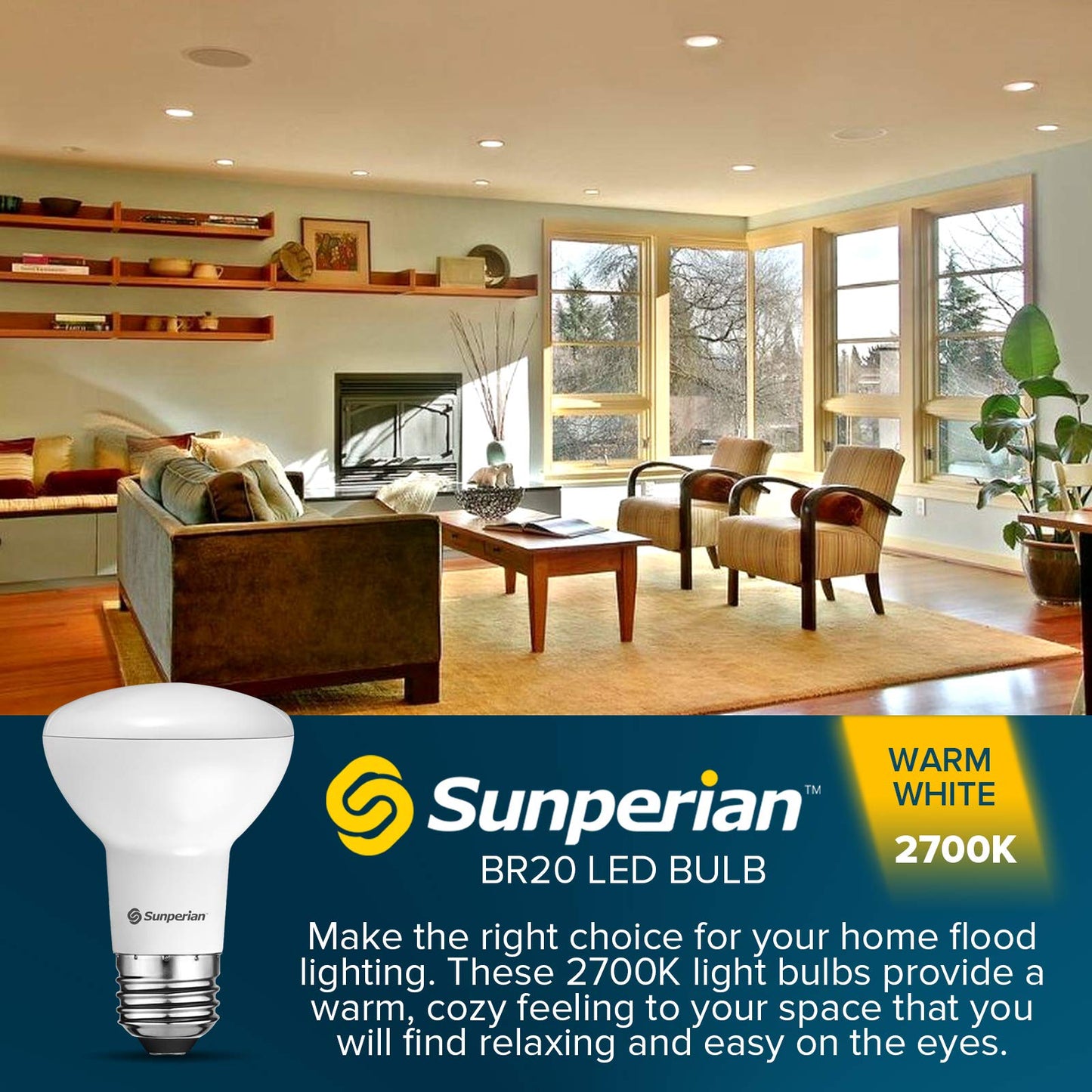 SUNPERIAN BR20 LED Bulb, 6W=50W, 2700K Warm White, 550 Lumens, Dimmable Flood Light Bulbs for Recessed Cans, Enclosed Fixture Rated, Damp Rated, UL