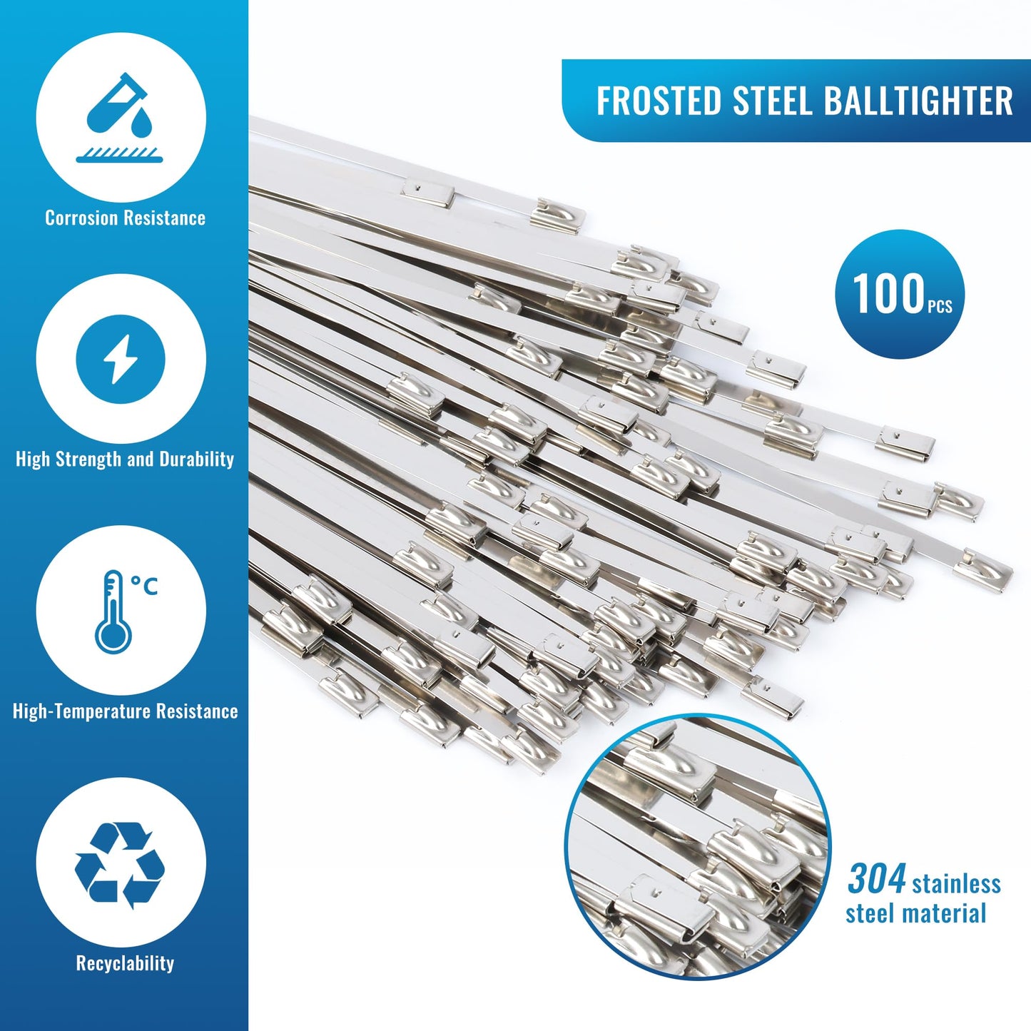 U.S. Solid Metal Zip Ties 9.84 inch Long 100pcs 304 Stainless Steel Heavy Duty Self-locking Cable Ties Suitable for Machinery Vehicles Farms Pipes