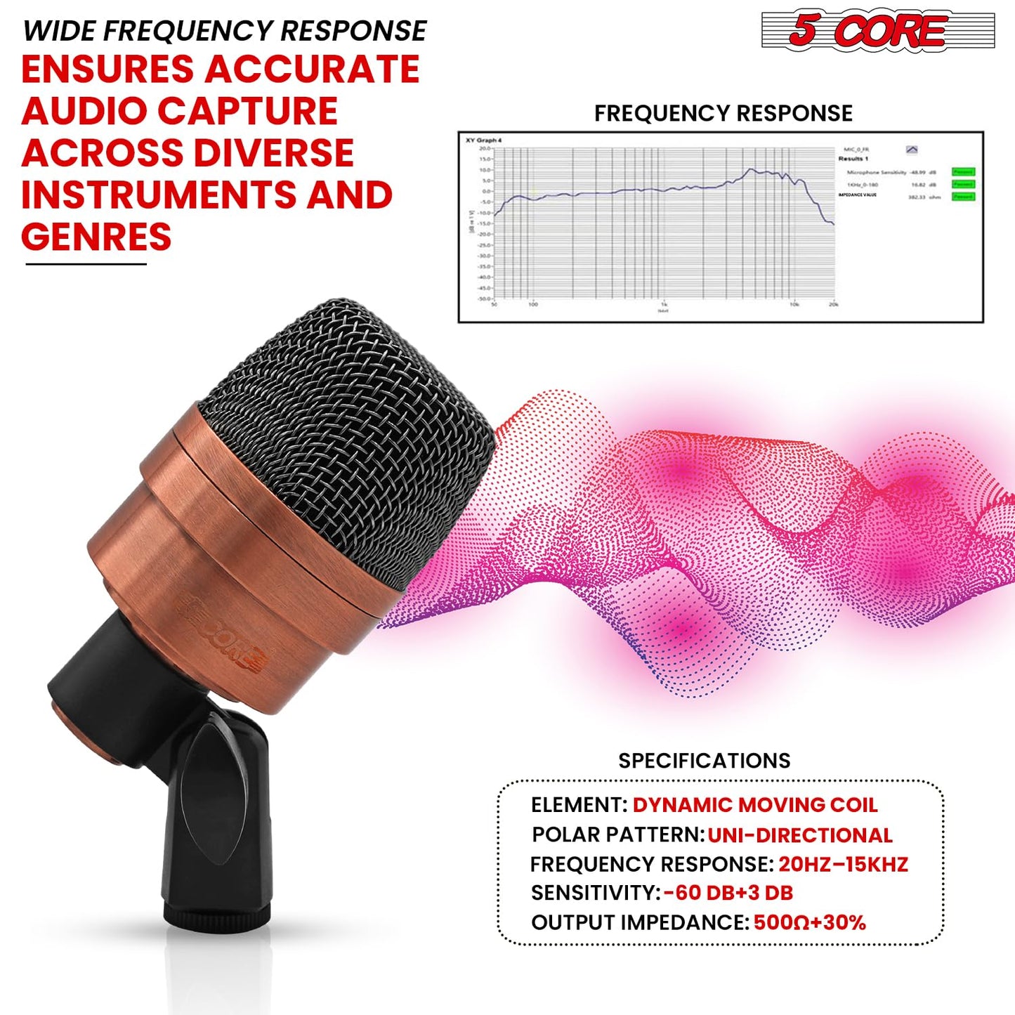 5 CORE Tom Microphone Copper Finish XLR Wired Uni Directional Snare Drum and Other Musical Instrument Mic w Swivel-Mount Steel Mesh Grille Tripod