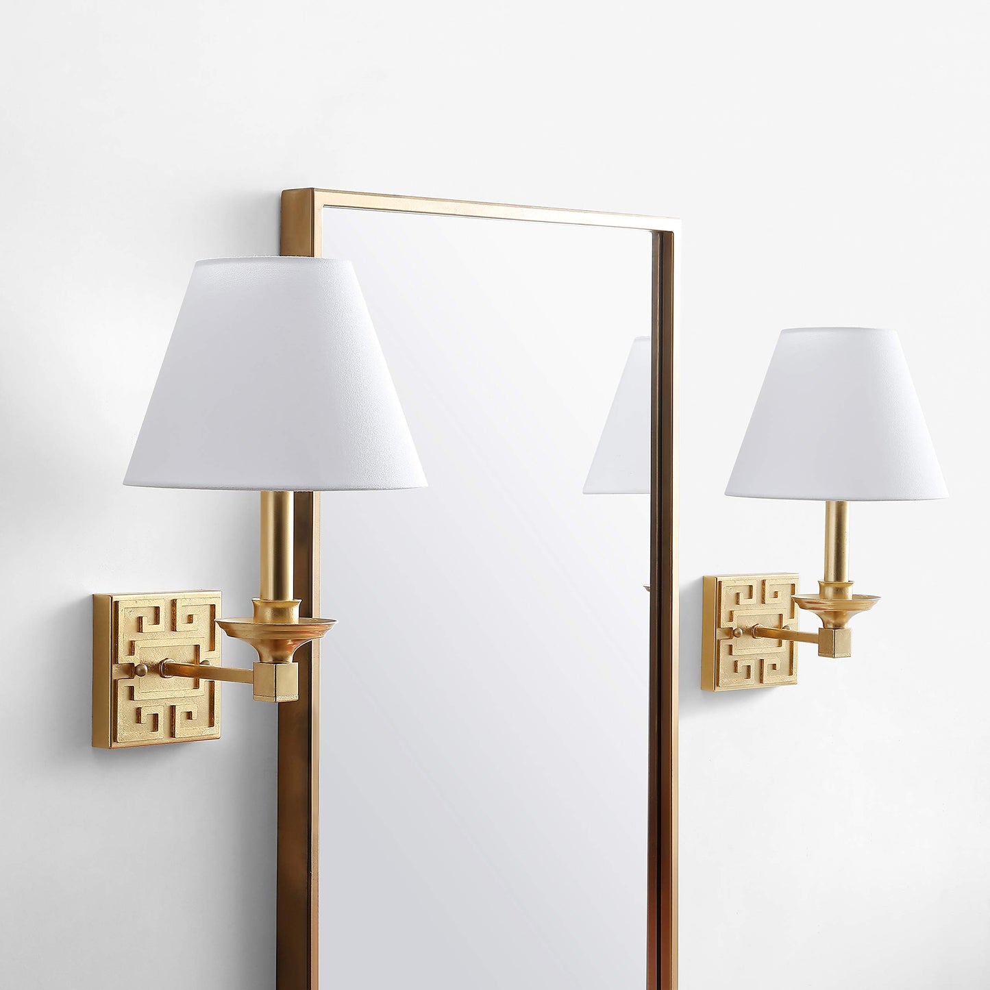 SAFAVIEH Lighting Collection Elvira Greek Key Gold Bedroom Bathroom Vanity Hallway Foyer Living Room Wall Sconce Set of 2 (LED Bulbs Included)