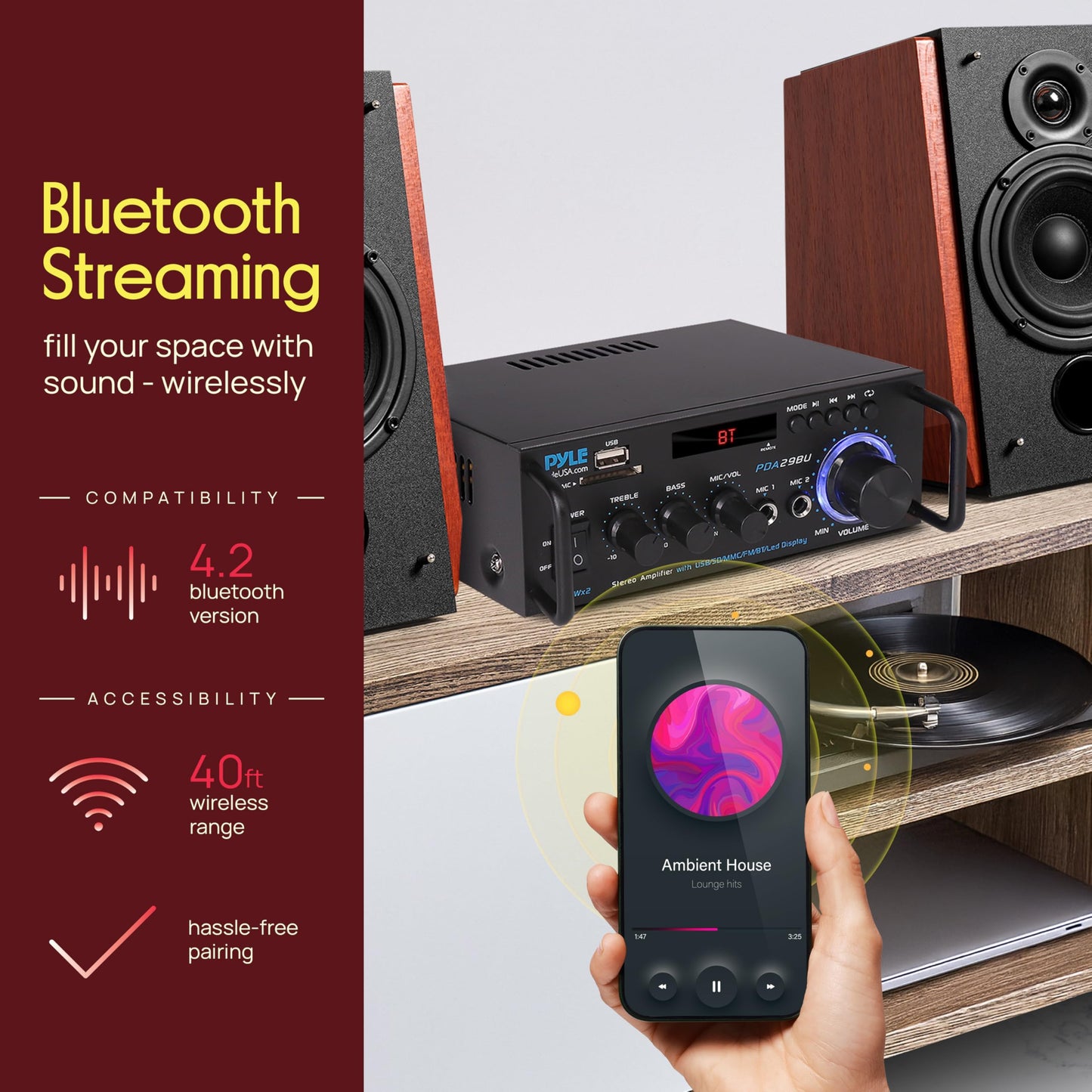 Pyle 200W Bluetooth Compact Power Amplifier - Wireless 2 Channel Audio Receiver with Dual Karaoke Mic Input - RCA - USB-A + SD Card MP3 Player - FM