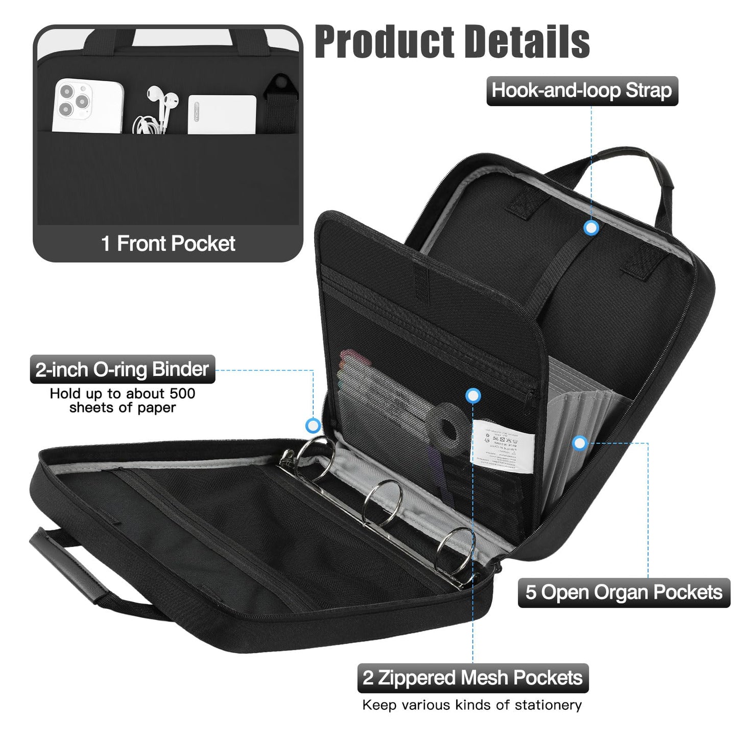 MoKo Zipper Binder, 2 Inch 3 O Ring, 5 Tab File Folders, 500 Sheets, Black