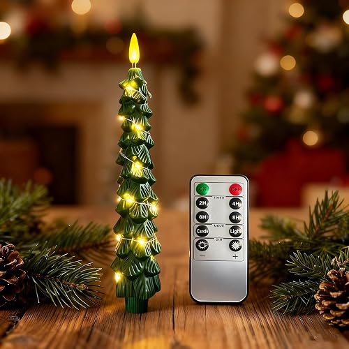 Christmas Tree Taper Candles with Flickering String Lights, 7.9 Inch Flameless Candles with Remote Timer, 2 modes Battery Operated Candle for Table