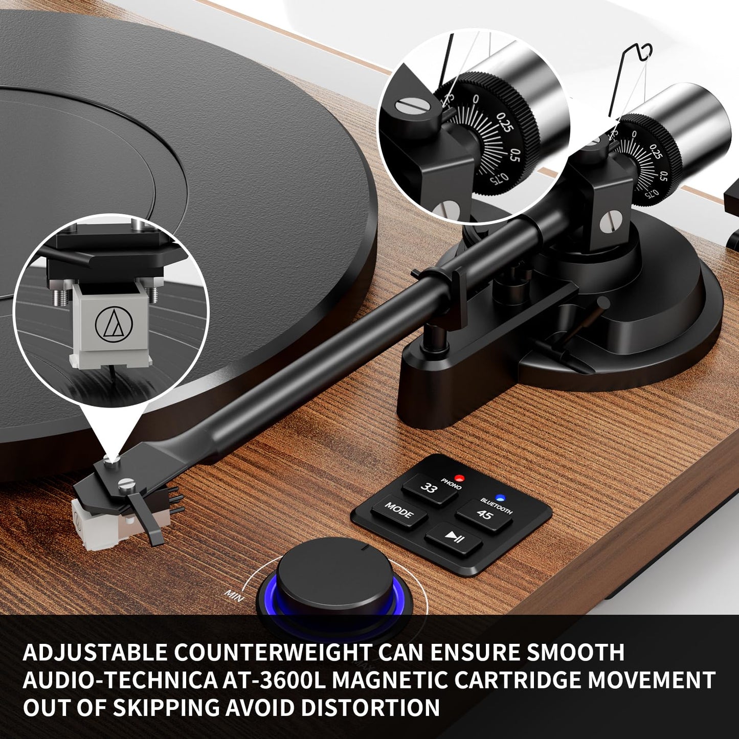 FEKTIK Vinyl Record Player with Magnetic Cartridge,High Fidelity Belt Drive Turntable with Built-in Speakers, Bluetooth Playback and Aux-in
