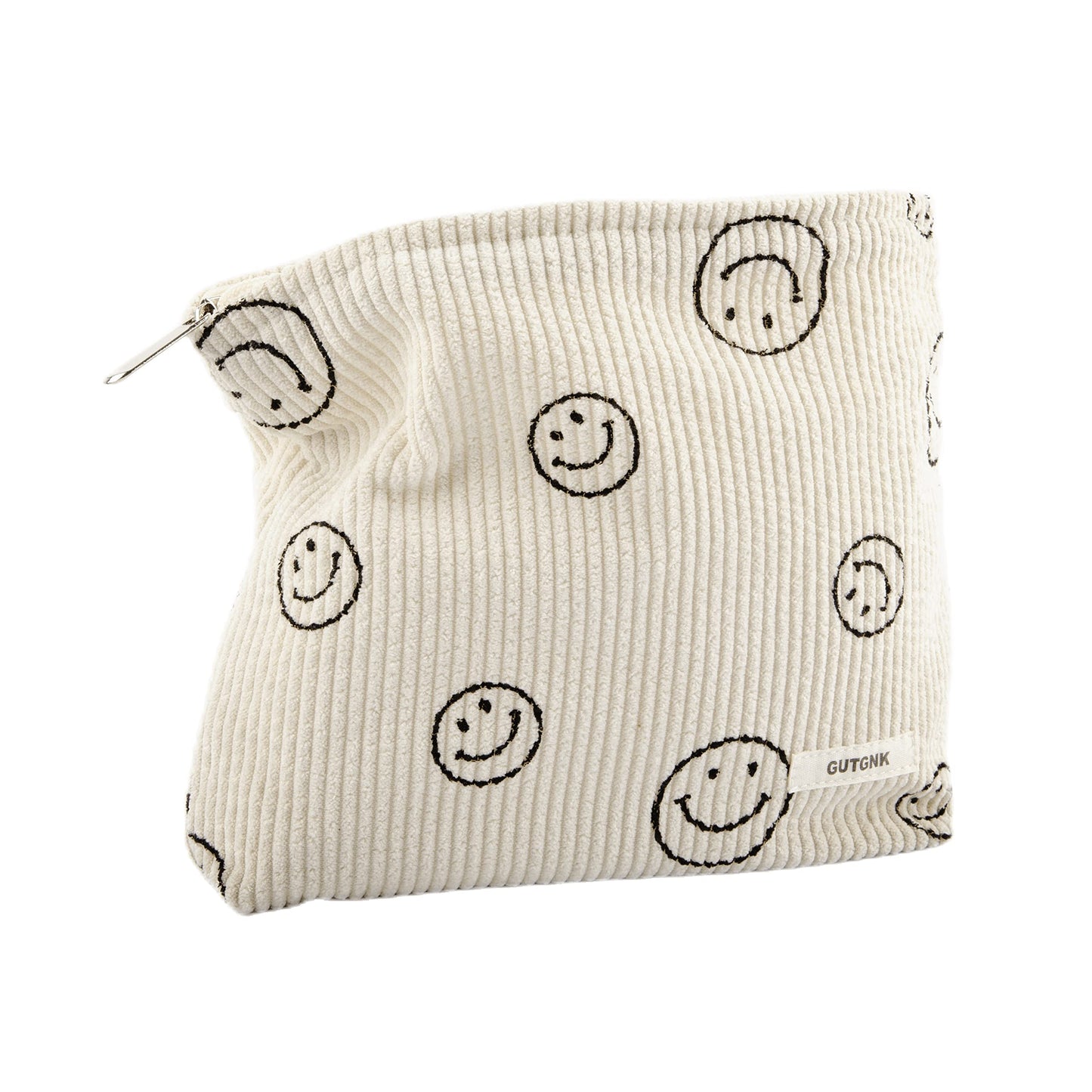 GUTGNK Makeup Bag for Women – Corduroy Cosmetic Pouch, Aesthetic Smiley Face Organizer Tote with Zipper, Cute Pencil Case (Beige)