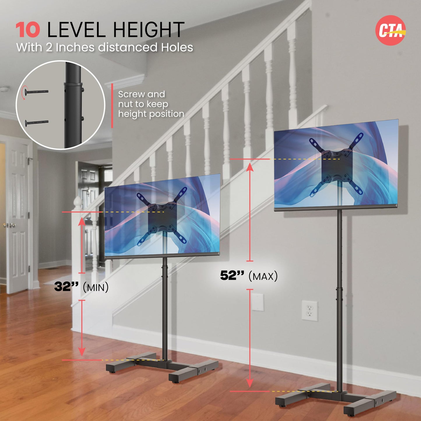 CTA Height Adjustable TV Stand - CTA VESA-Compatible Universal Floor Stand for TVs & Monitors 13-42-inch up to 44 lbs. - Black (ADD-DMHA)