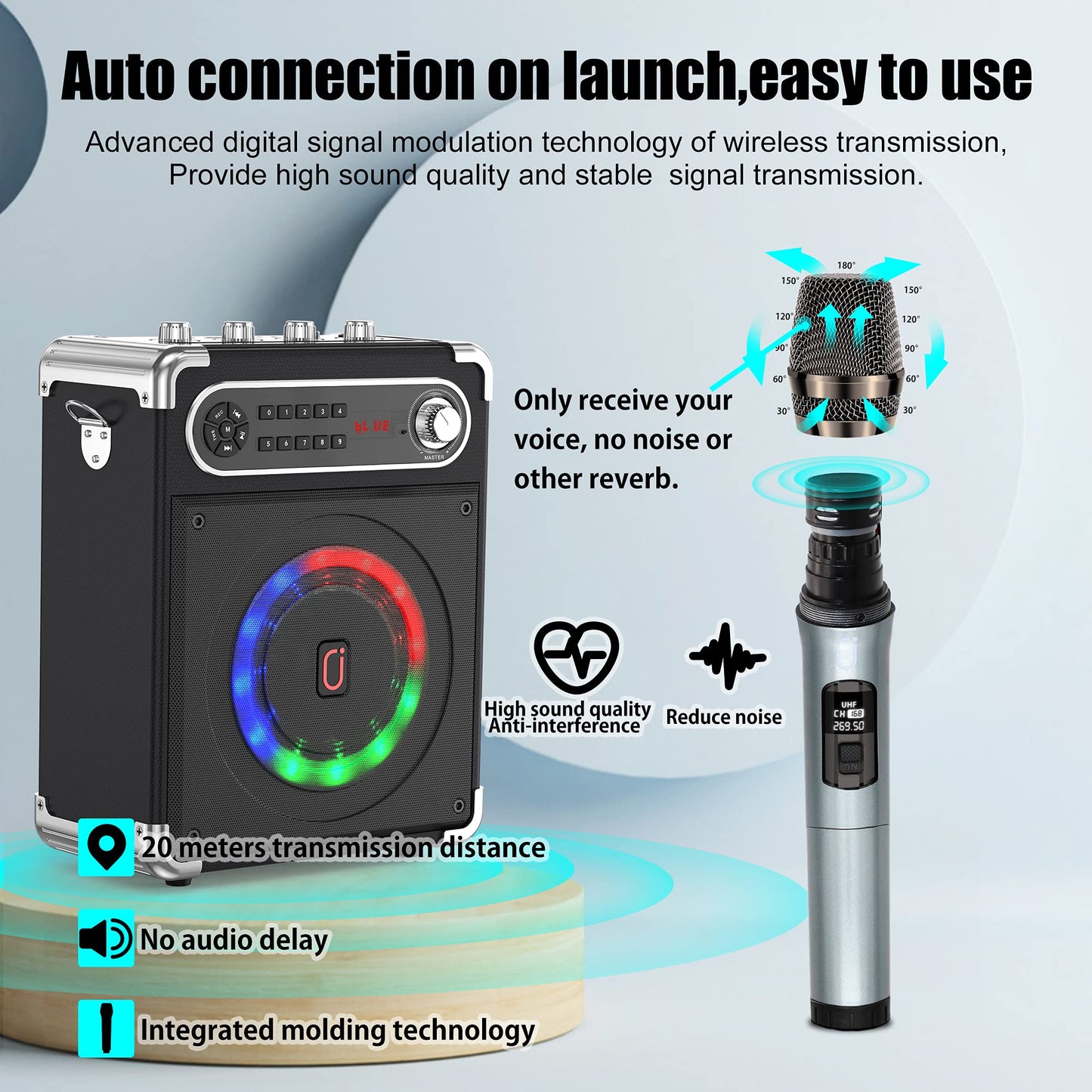 JAUYXIAN Bluetooth Speaker with Two Wireless Microphones, Outdoor Speaker with Subwoofer/Tweeter, Portable PA Speaker System with Remote Control