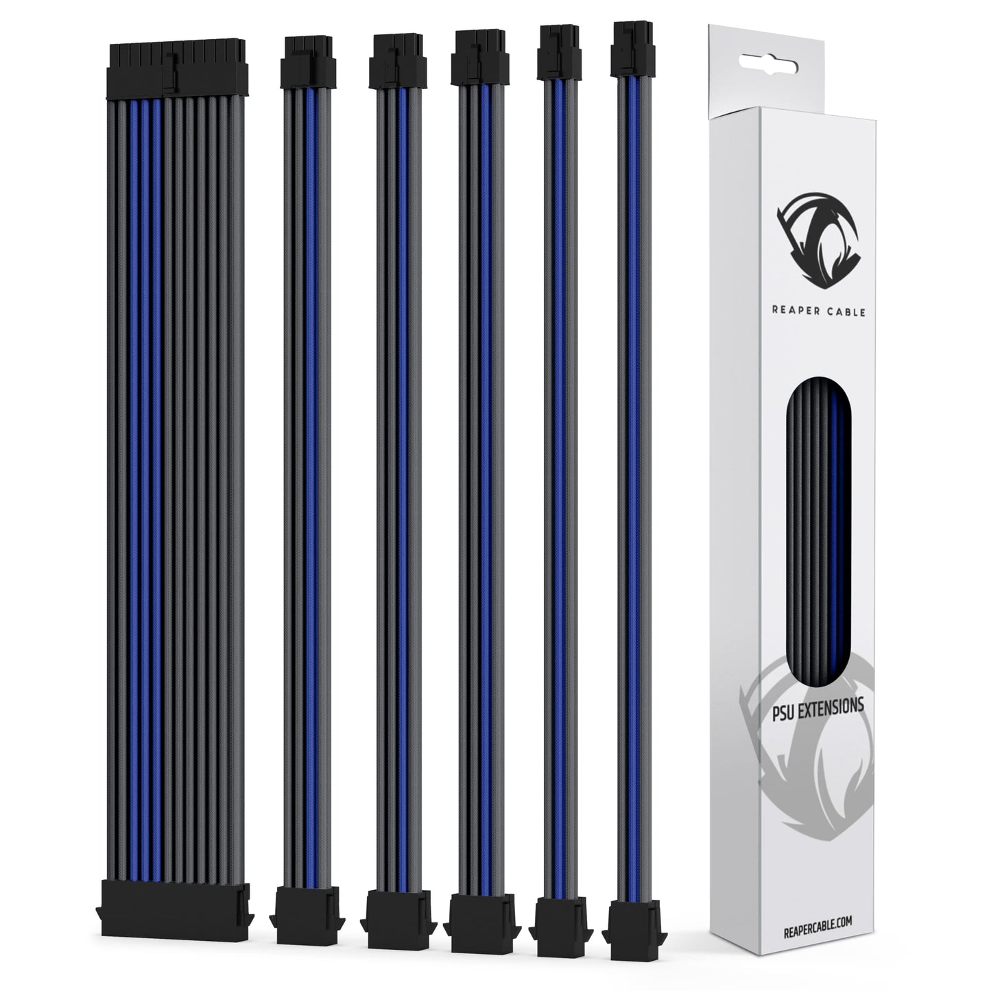 Reaper Cable Sleeved PSU Extension Set - Power Supply Extensions - 24/8/6/4+4 Pin - with Combs - 30cm (Carbon & Electric Blue)