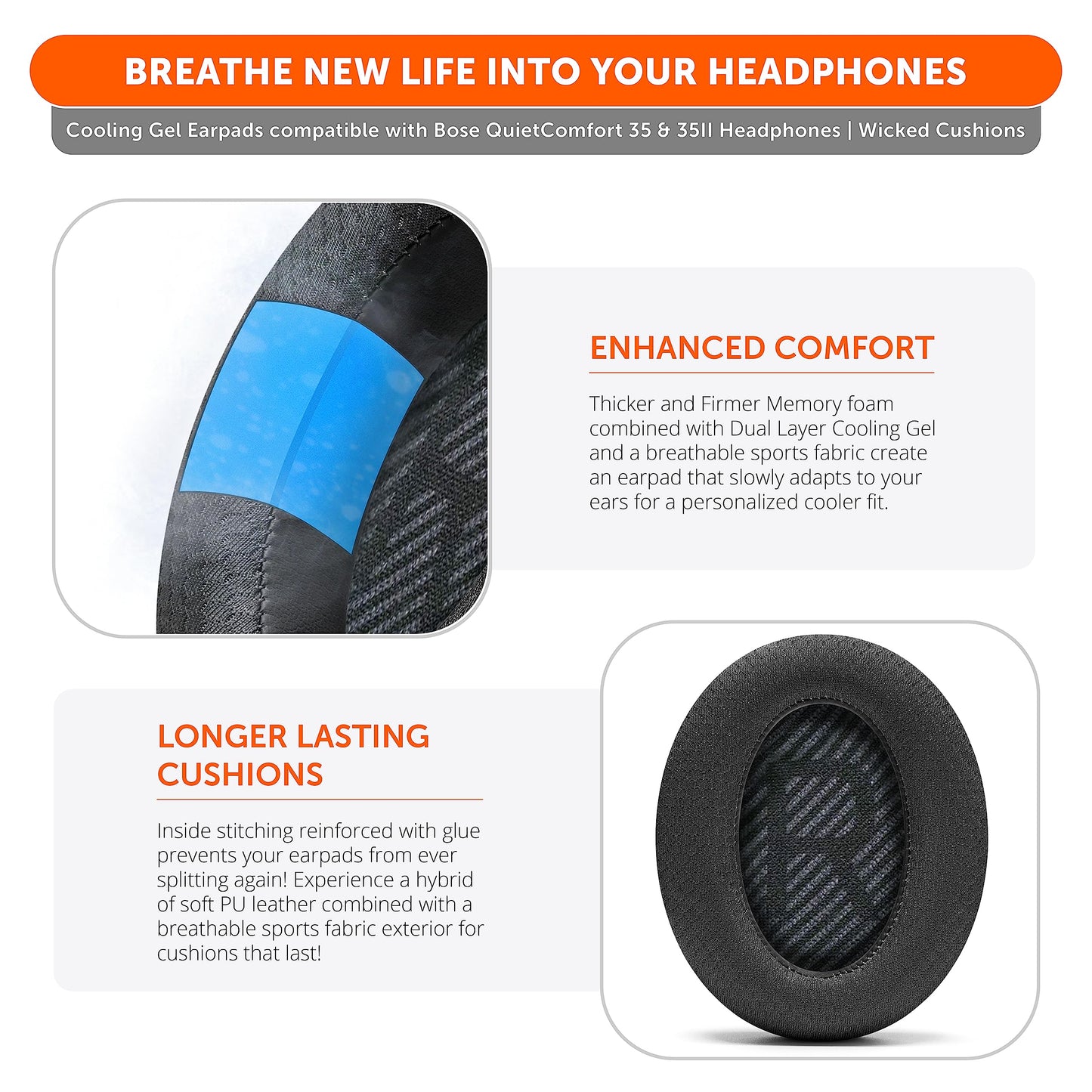 WC Freeze QC35 - Cooling Gel Ear Pads for Bose QC35 & QC35ii (QuietComfort 35) Headphones & More | Breathable Sports Fabric, Cooling Gel, Extra Thick