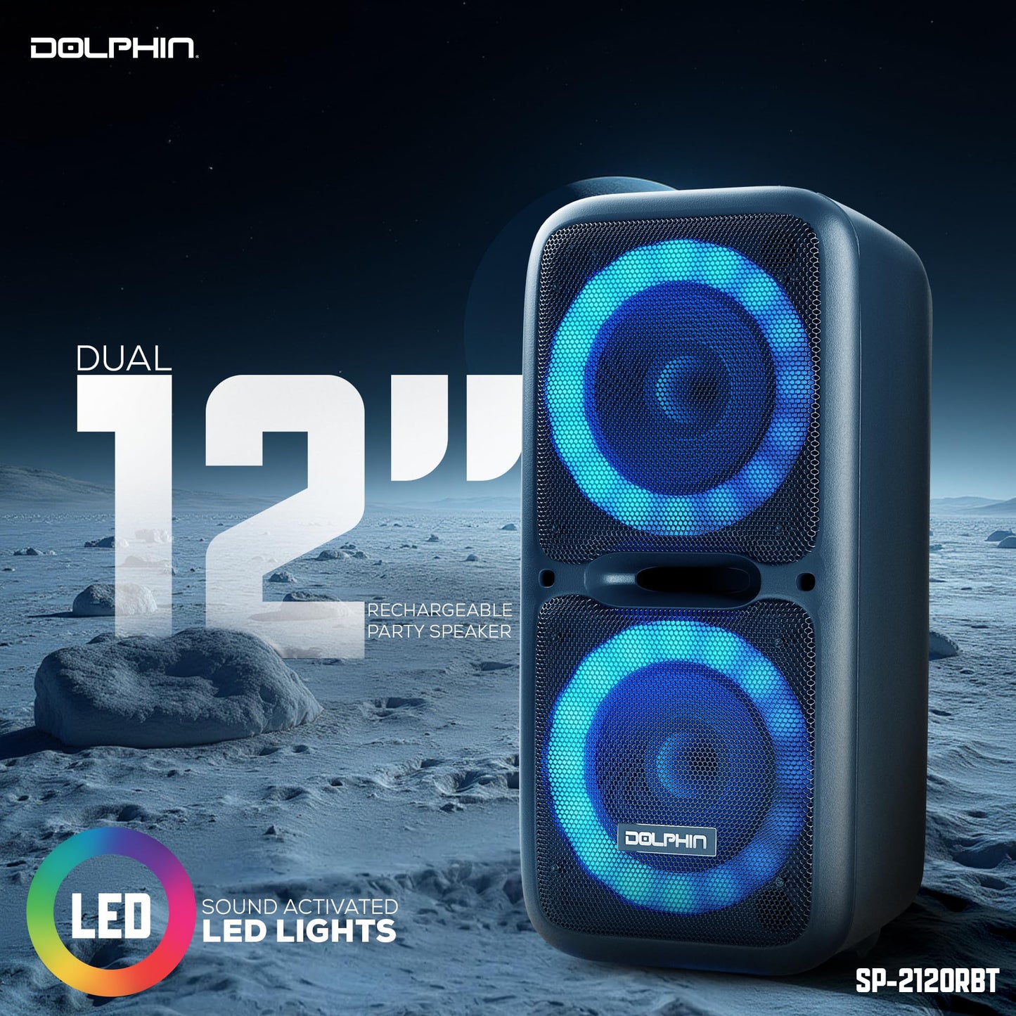 Dolphin Dual 12" Bluetooth Party Speaker - Portable Large Speaker with Wired Microphone, Multicolor LED Lights, USB Playback, Hi-Fi Amplifier