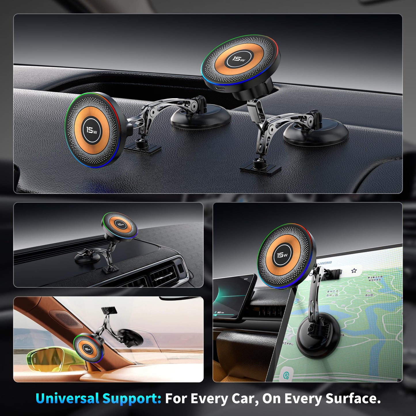 Magnetic Phone Holders for Your Car, 15W Fast Charging Car Charger, 2 in 1 Wireless Mag Safe Car Mount Stick on Dashboard Windshield, Car Accessories