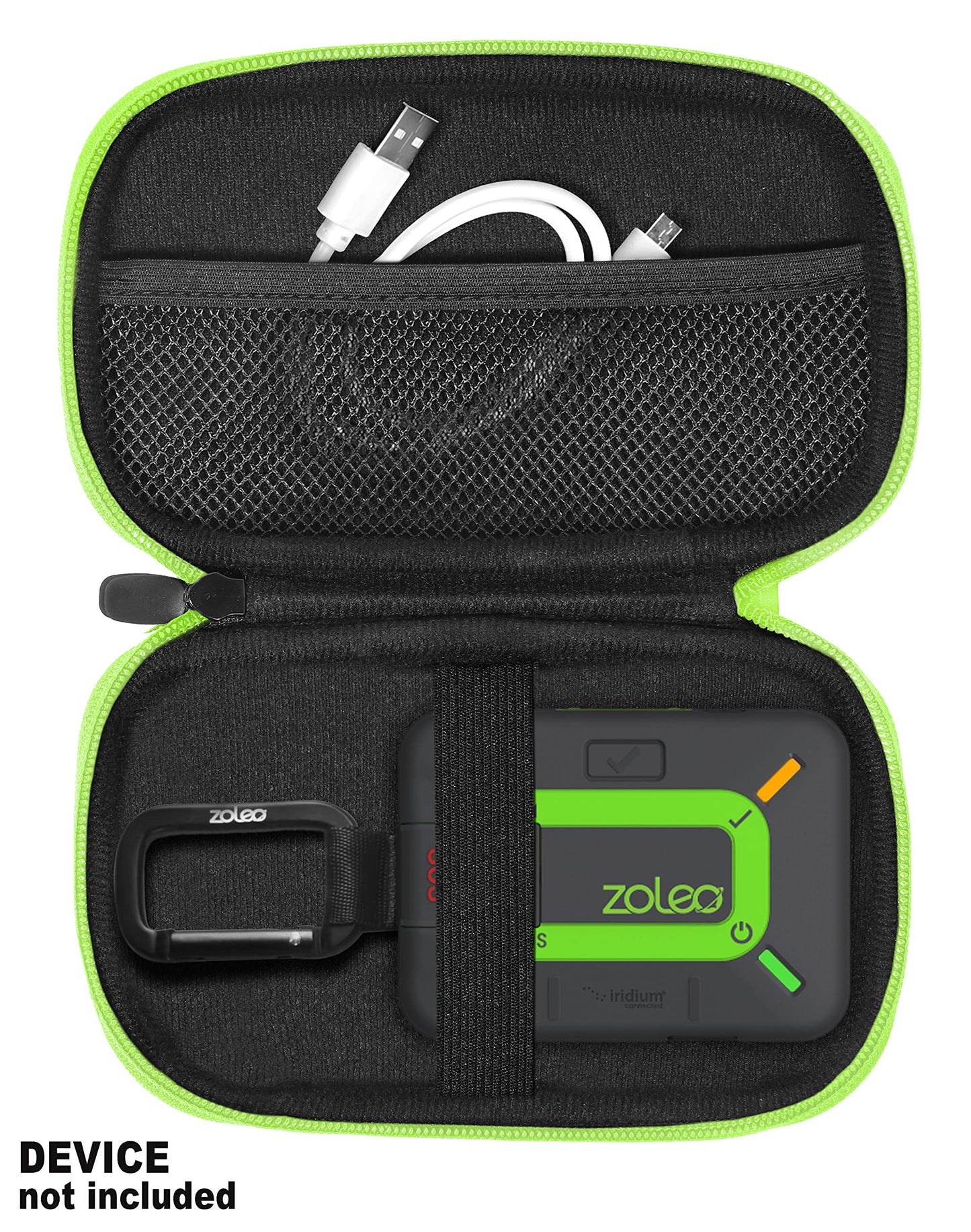 CaseSack case for ZOLEO Satellite Communicator, Black with Green Zip to Match ZOLEO, mesh Accessory Pocket, Large Handy case for More Accessories