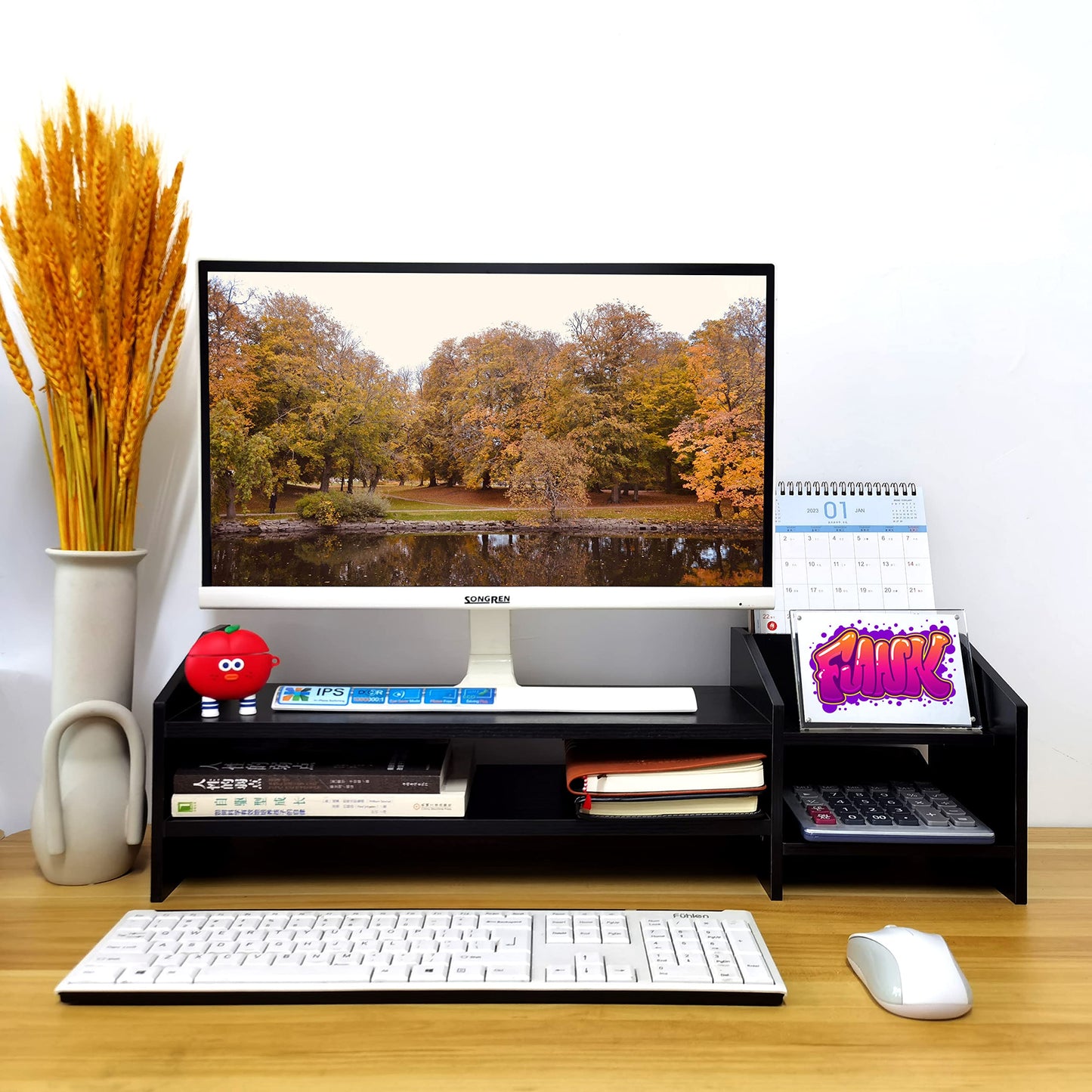 KUAIYU Computer Monitor Riser, 2 Tier Wooden Stand With Two Layer Storage Rack, Black Desktop Organizer for PC/Laptop, Home & Office