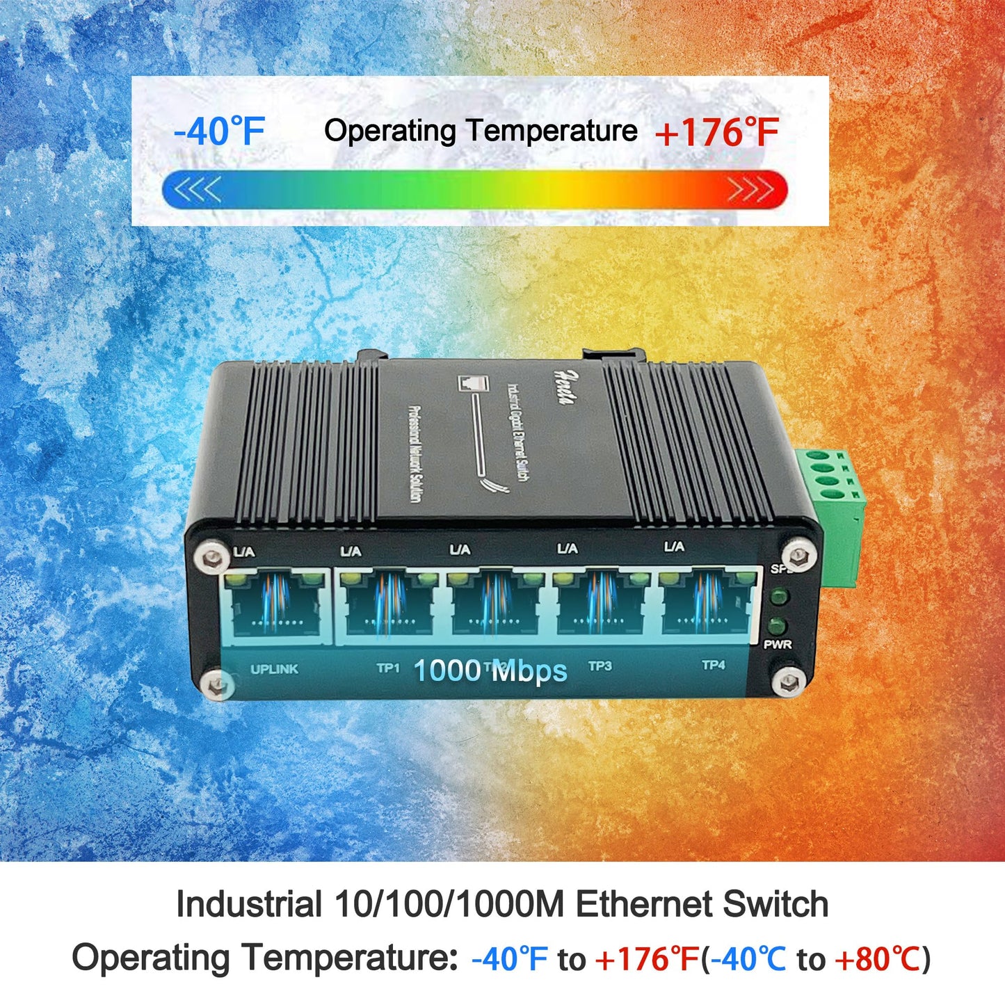 Mini Industrial Gigabit Ethernet Switch,Unmanaged Ethernet Network Hub Switch with 5 x RJ45 Port 10/100/1000T,12~48VDC,Support 802.3X Flow