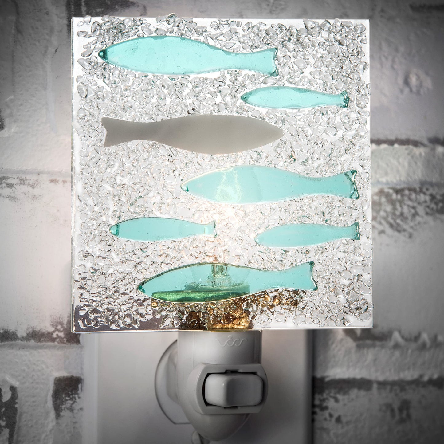J Devlin Glass Art Stained Glass Night Light, Swimming Against the Current, Fish, Water, Plug in nightlight for Bedroom/Bathroom/Stairway/Hallway Home