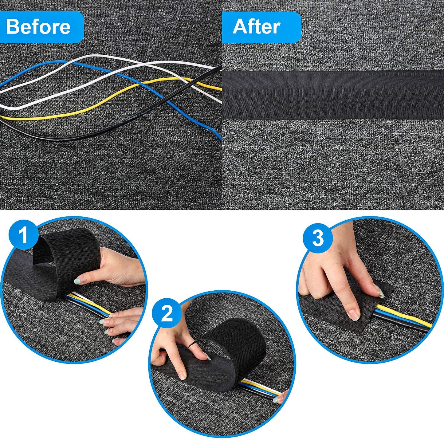 WILLBOND 24 Feet in Length Cable Floor Strip Carpet Cord Cover Cable Protector Management, Protect Cords Prevent a Trip Hazard (1, Black)