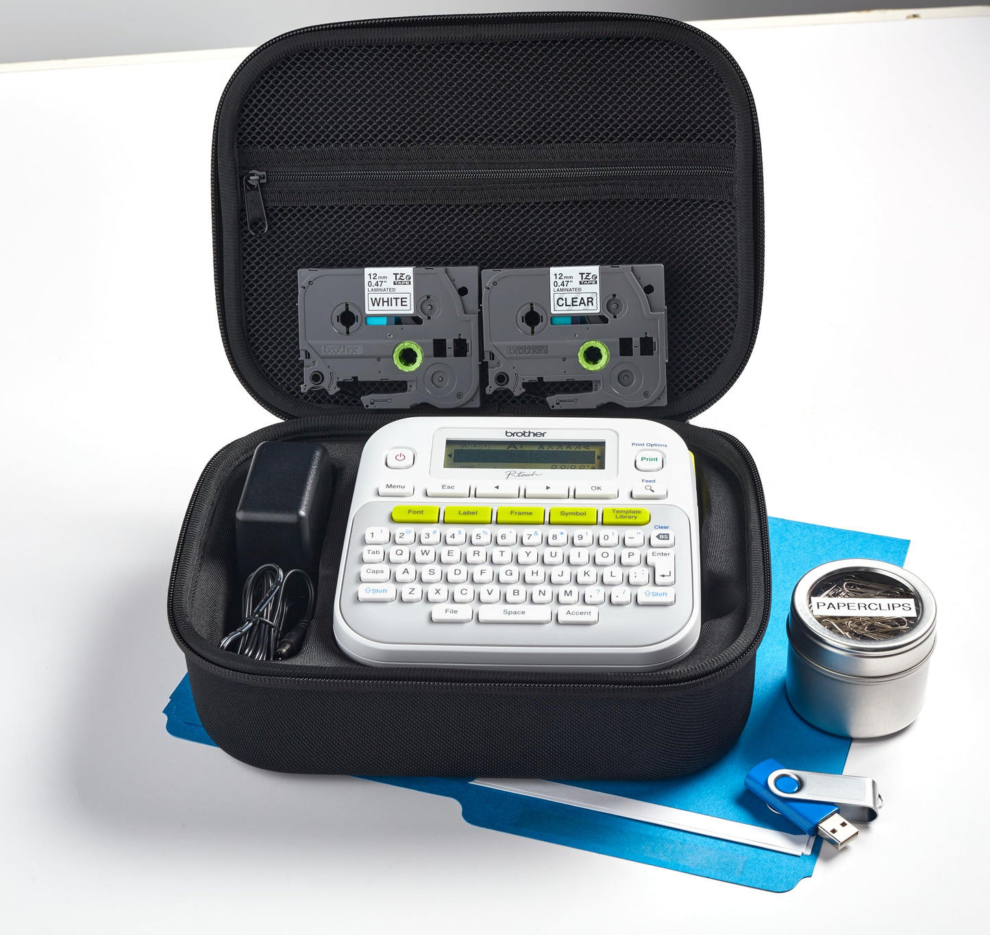 Brother PT-D210SV Monochrome Label Maker Bonus Bundle Comes with a Protective Carrying case, an Adapter, and Two Sample Genuine TZe Label Tapes