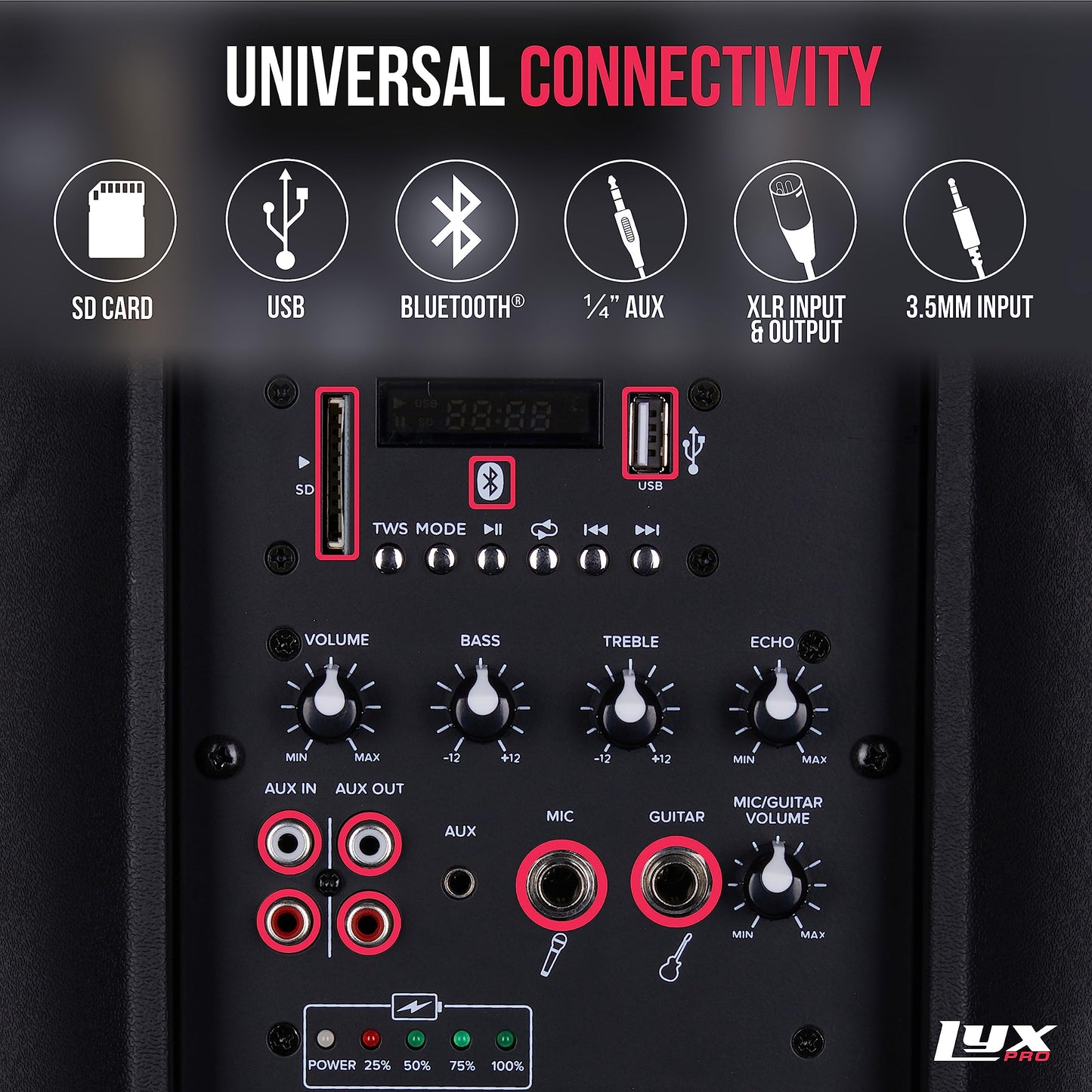 LyxPro 8” Inch Active PA Rechargeable Battery Speaker System, Equalizer, Bluetooth Connection, SD Slot USB MP3 AUX, Mic,1/4" 1/8" 3.5mm Inputs, SPA-8