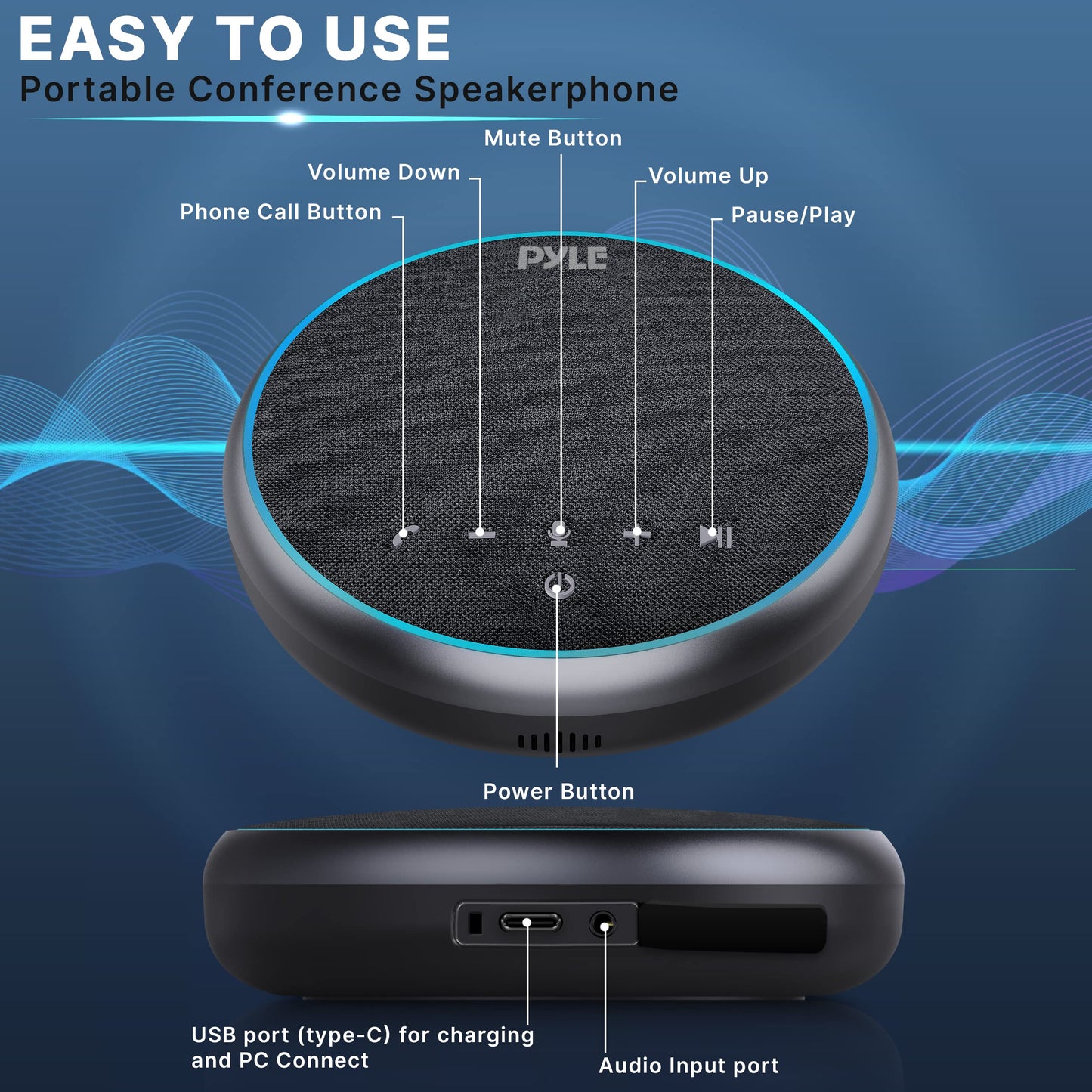 Pyle Portable Conference Speakerphone, Multifunctional Wireless BT Speaker Phone with USB C and Aux Cable, 10m Omnidirectional Microphone Coverage