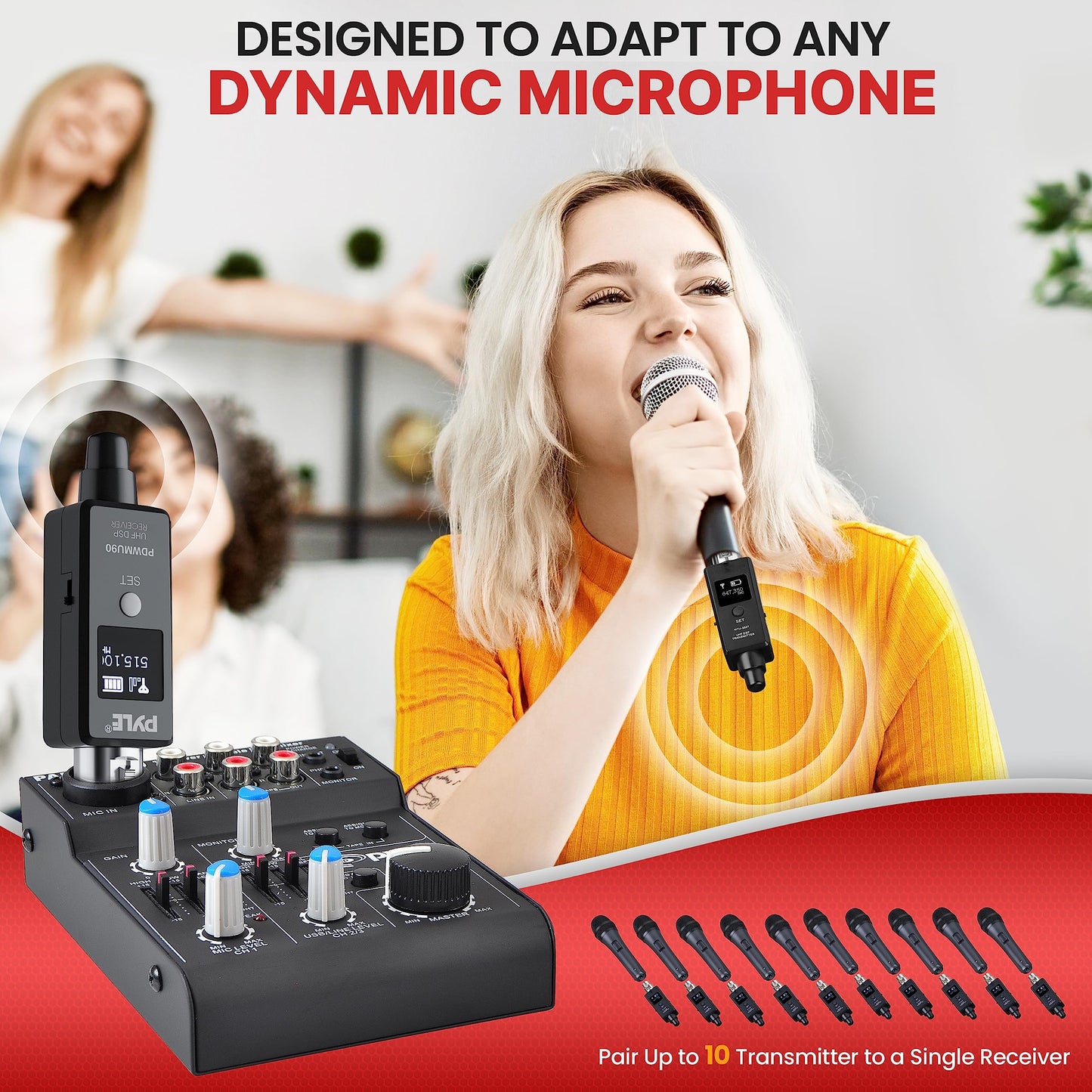 Pyle Multifunctional UHF Wireless XLR Adapter System,Transmitter And Receiver For Dynamic Microphones And Music Sources,48k Frequency Signal
