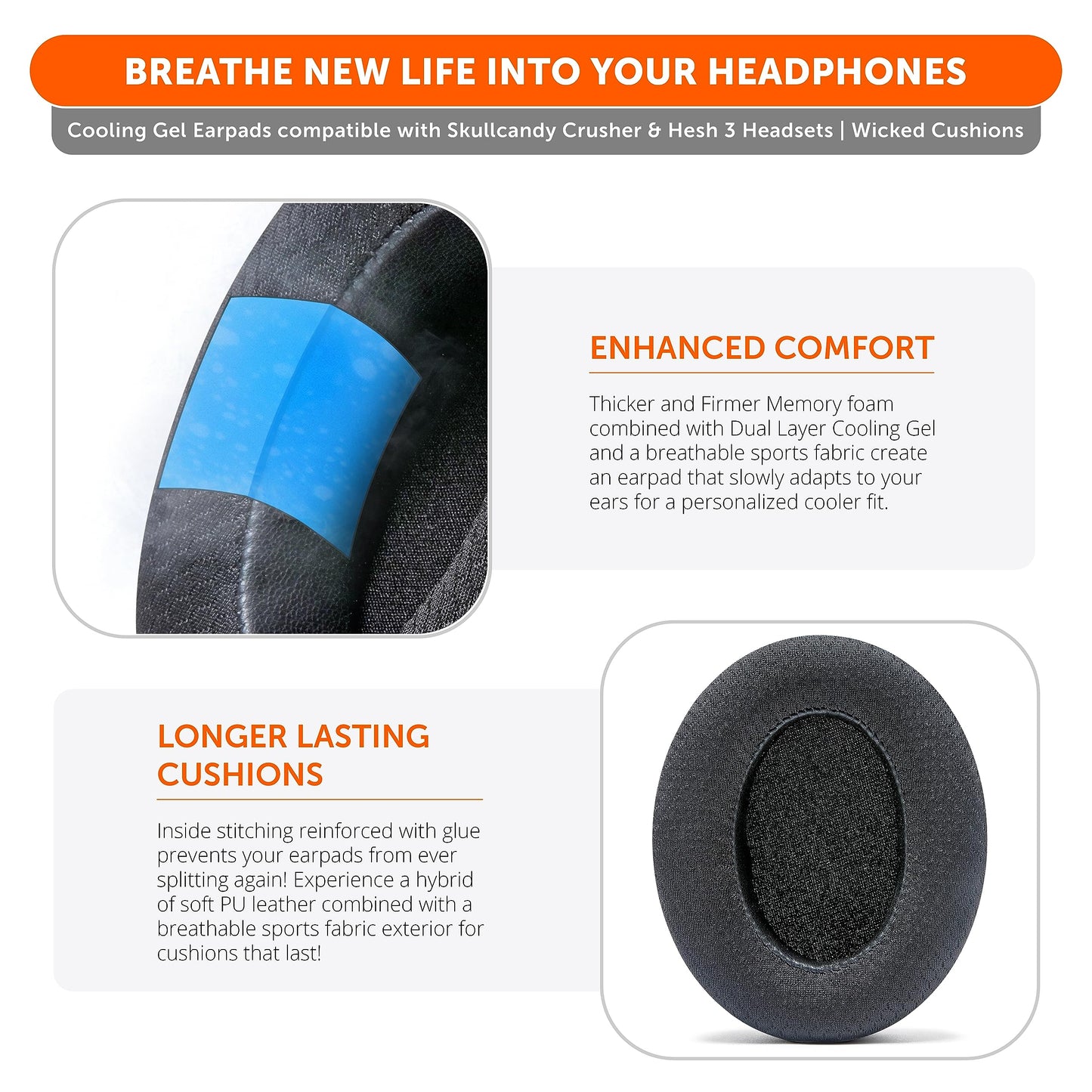 WC Freeze Crusher - Cooling Gel Earpads Compatible with Skullcandy Crusher, by Wicked Cushions - Fits Skullcandy Crusher & Hesh 3 Headphones, Soft