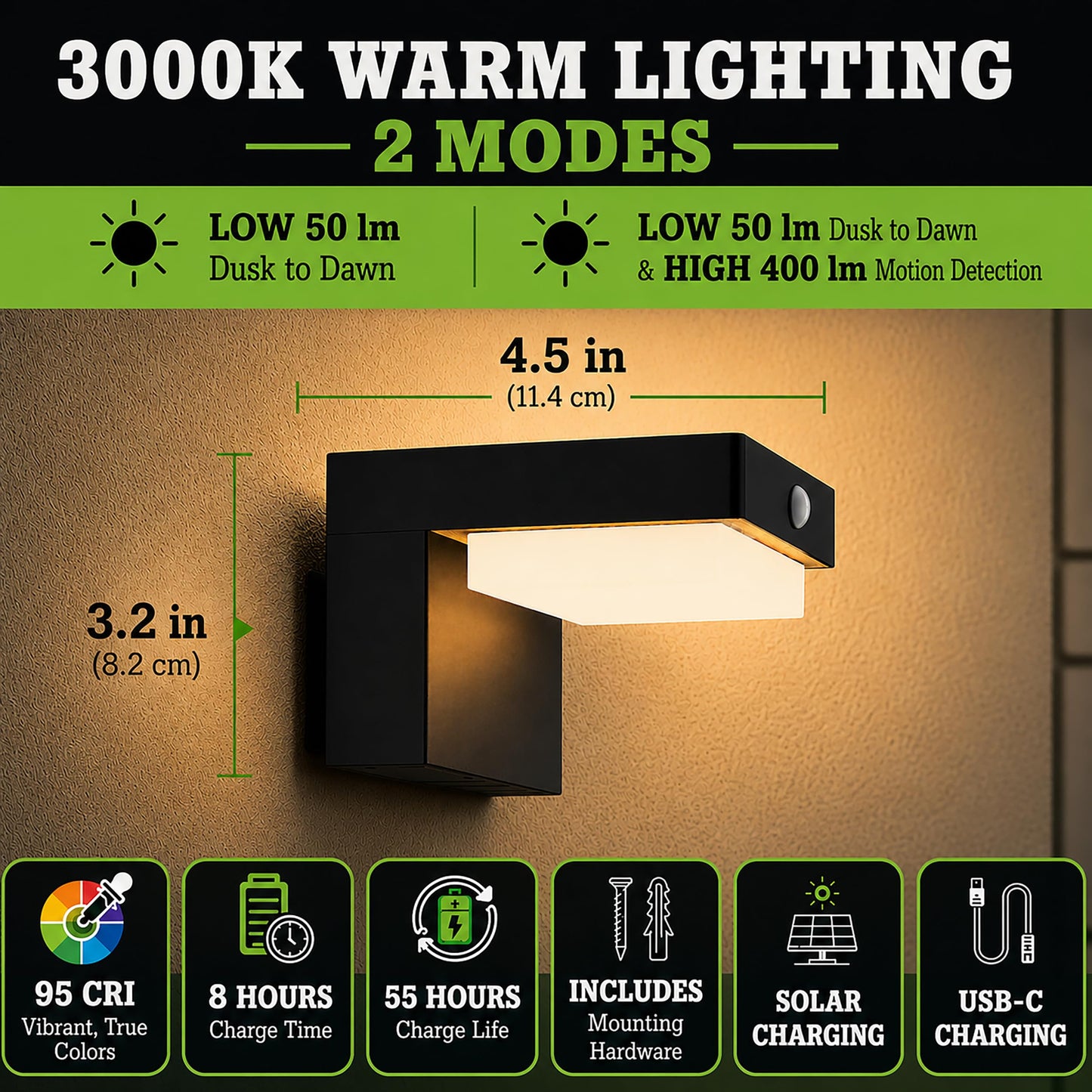 VerLuce - Square Solar Wall Lights - Solar Powered Wall Lamps - LED Lights - PIR Sensor & Two Lighting Modes - Rechargeable Battery Lasts Up to 55