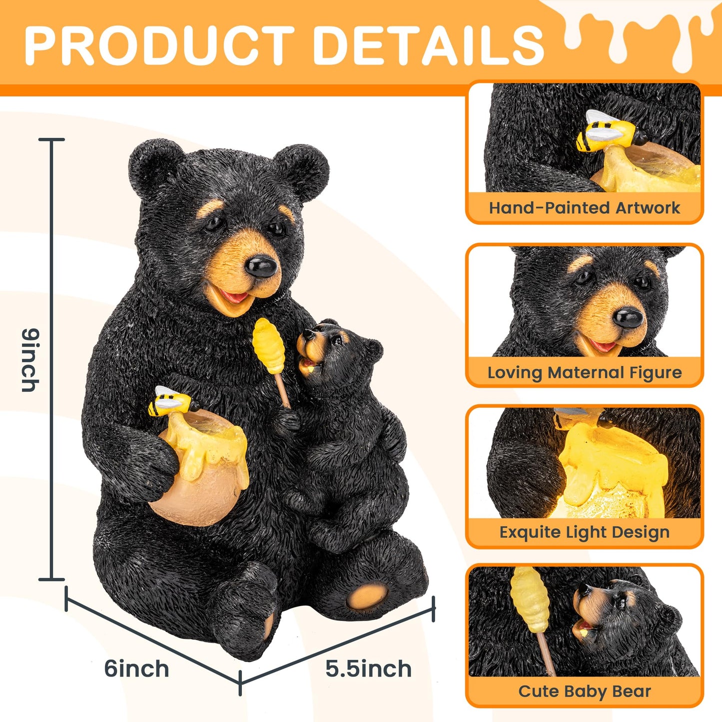 GIGALUMI Solar Garden Statues Bears 9", Loving Black Bear Decor, Yard Decorations Outdoor, Bear Figurine Lights for Outside, Garden Decor Unique