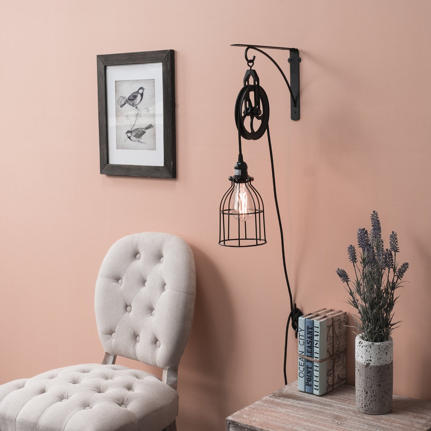 Rustic State Industrial Pulley Design Black Wall Sconce Pendant Lamp Kit with Wire Cage Shade, Iron Bracket, Pulley, 10" Fabric Plug in Cord, Socket