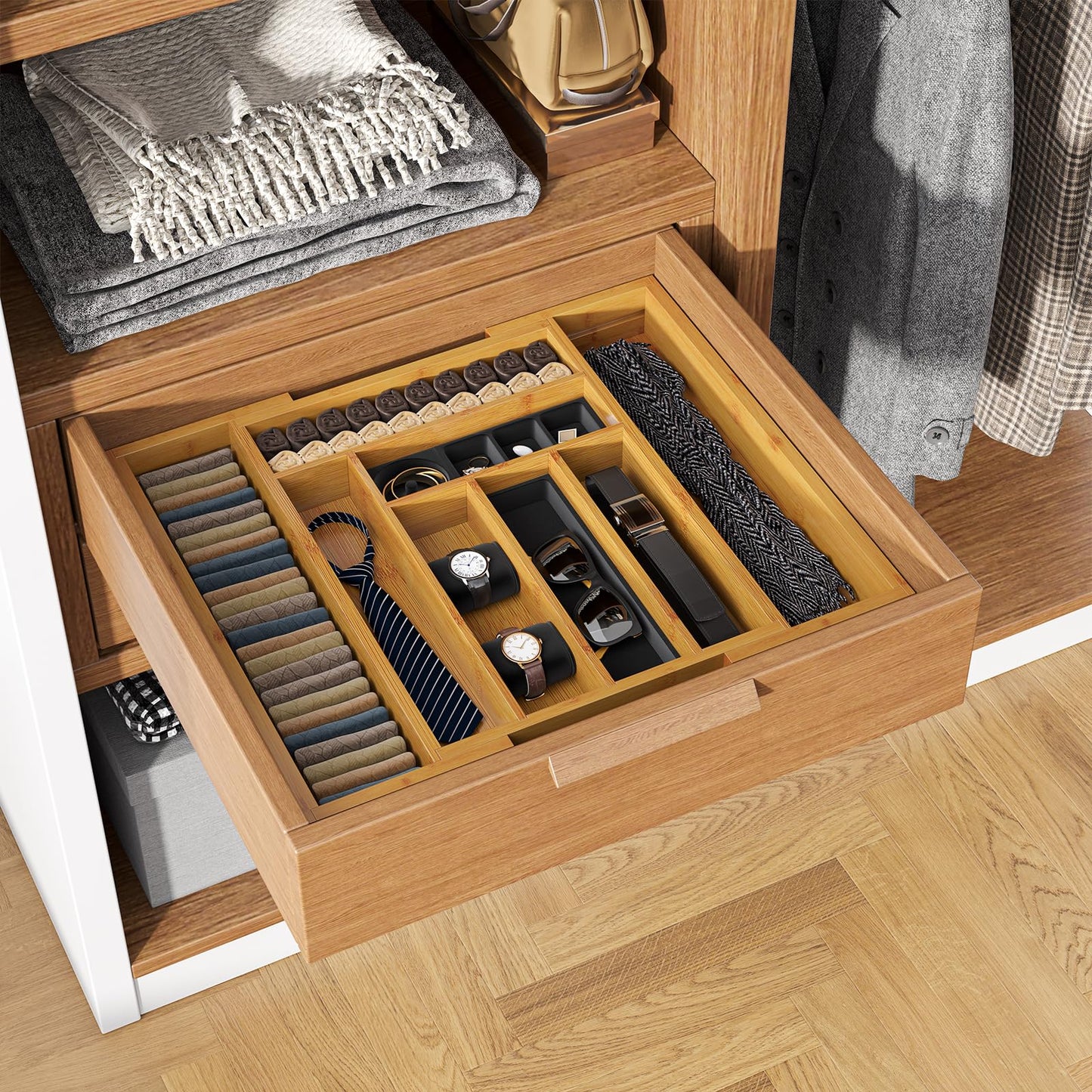 Pipishell Bamboo Expandable Silverware Organizer – Large Utensil Drawer Tray for Spoons, Forks, Knives & Multipurpose Kitchen Use, Natural