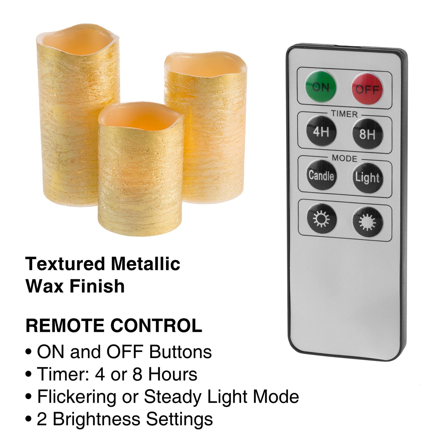 Lavish Home 80-Fc1004 Flameless LED Set of 3 Real Wax Battery Powered Pillar Candles with Remote, Timer and Distressed Gold Metallic Finish, Metallic